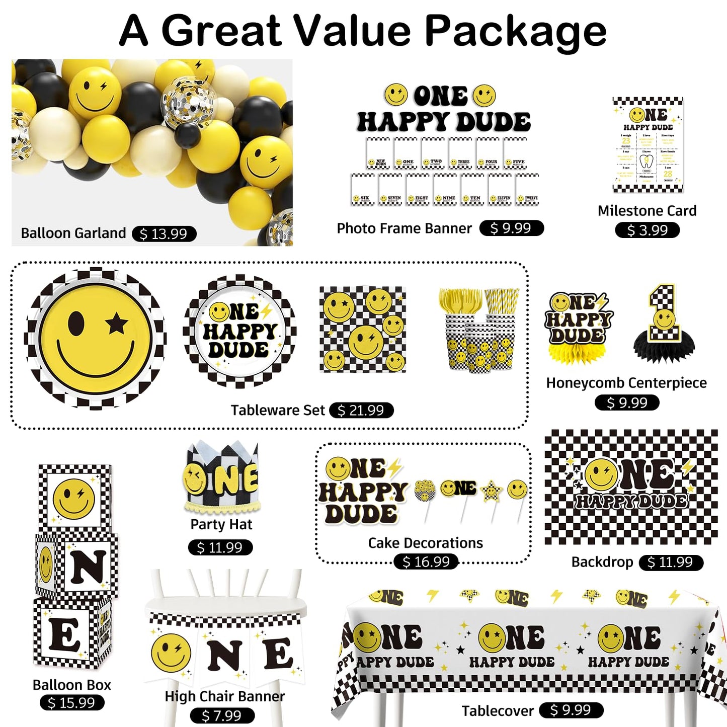 wellspar 245pcs One Happy Dude Birthday Decorations, All-in-1 One Happy Dude Supplies Pack with 20pcs Plates, Napkins, 2pcs Tablecloth, Balloon Arch for First Birthday Decorations for Boy, 20 Guests