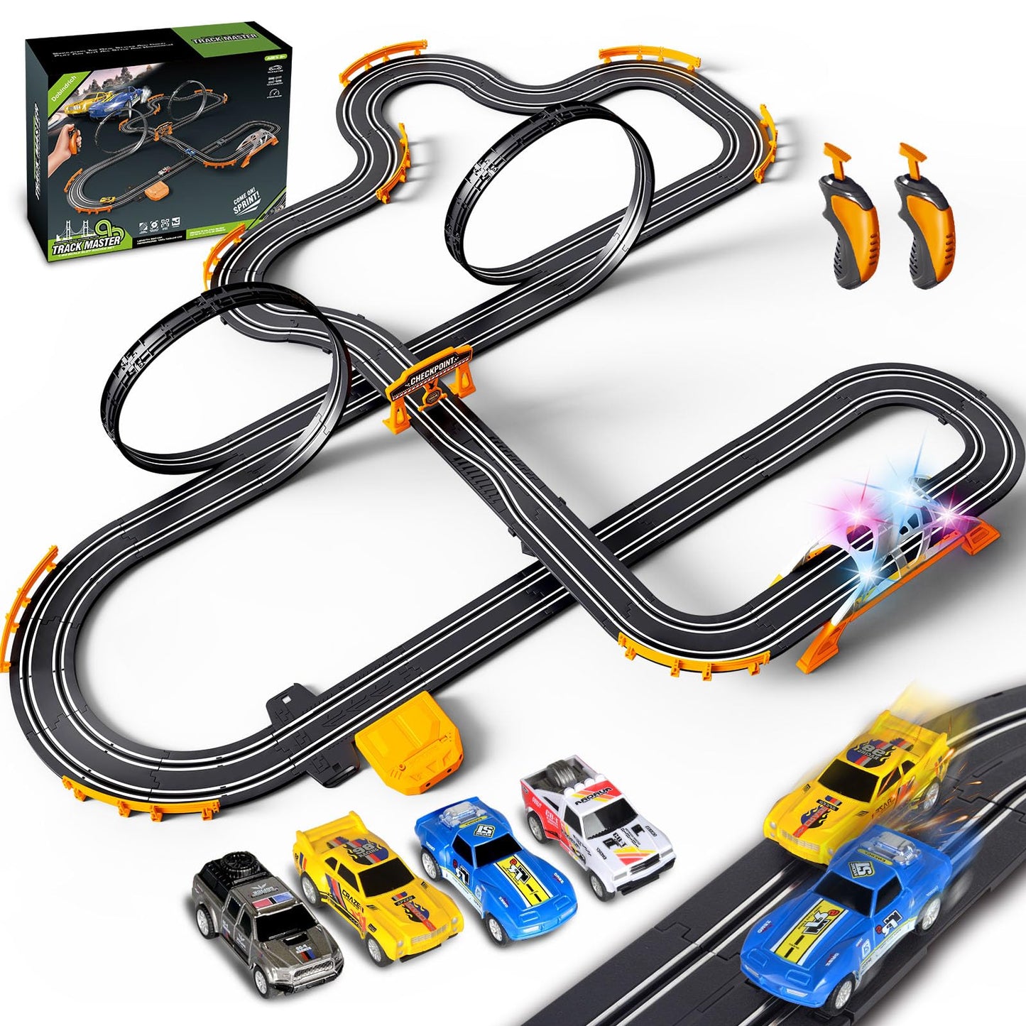 Slot Car Race Track for Kids with 4 Slot Cars, Dual Racing Electric Car Tracks Game Featuring Flash Bridge and Pendulum Toys Gifts for Boys Girls Age 6 7 8 Years Old