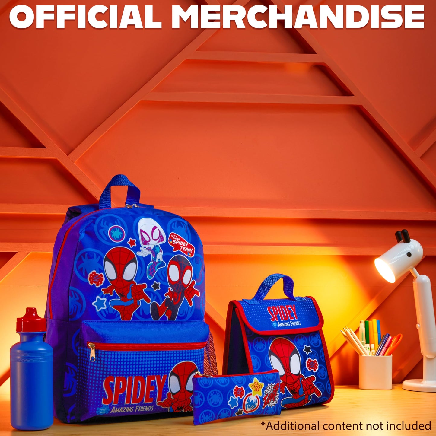 Marvel Spiderman Backpack Set 4 Pcs Water Bottle Pencil Case Lunch Bag or Wallet Key Ring School Supplies Gifts for Kids (Spidey)