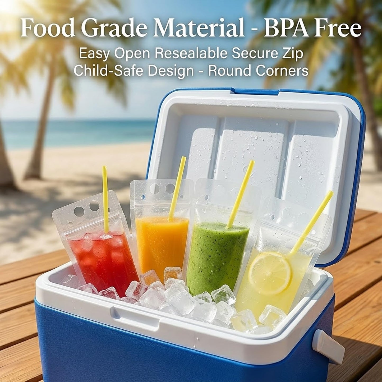 C CRYSTAL LEMON 400PCS Drink Pouches with 400 Straws – Reusable Juice and Smoothie Bags with Zipper Seal – BPA-Free Stand-Up Plastic Pouches for Party, Travel, Camping & Bulk Drinks