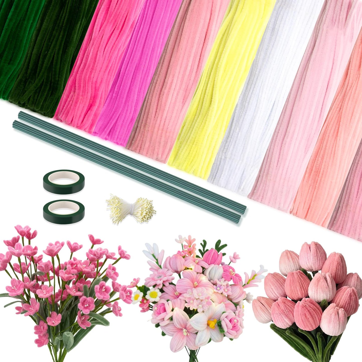 Peryiter 12 Inch Pipe Cleaners Flowers Set 1000 Pcs Chenille Stems Craft Supplies Bulk for Tulip Bouquet Making, Art DIY Craft Projects Creative Gift Party Decorations (Pink Flower)