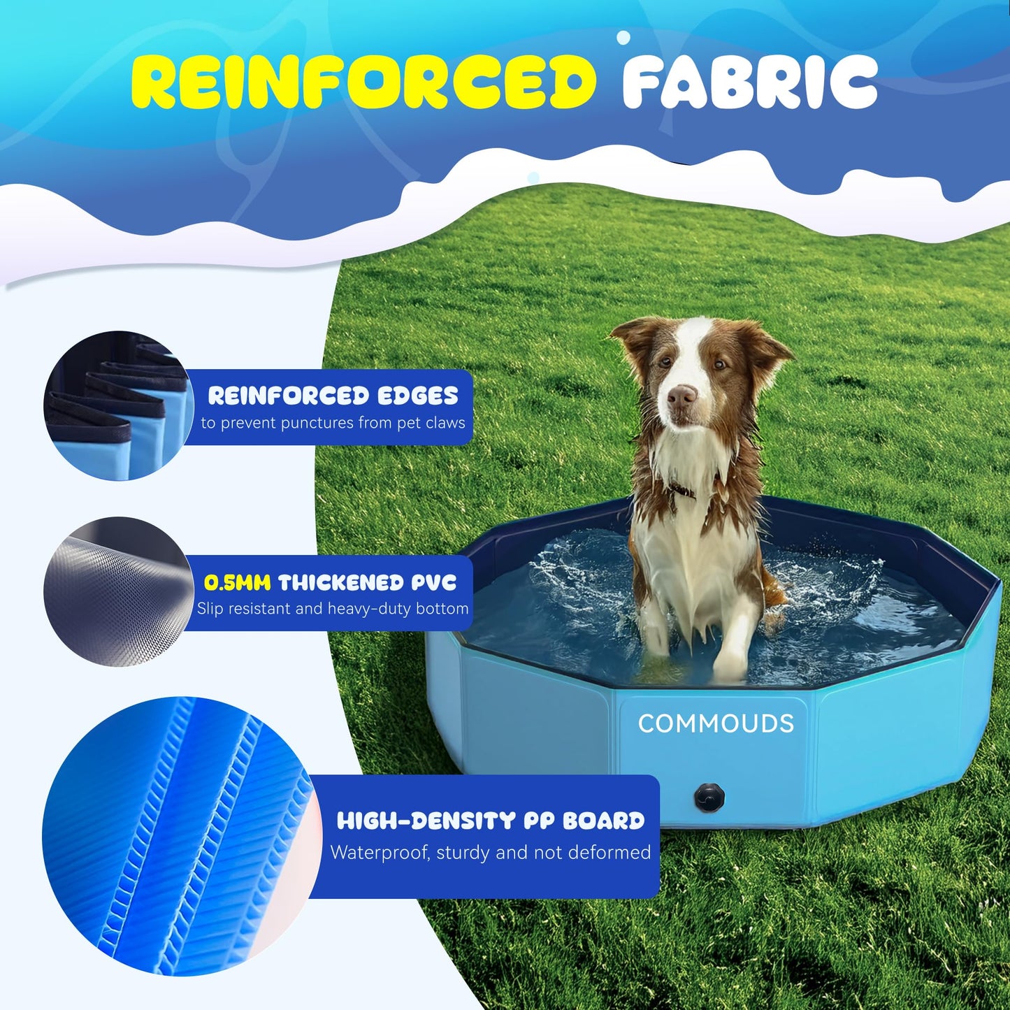COMMOUDS Foldable Dog Pool, Collapsible Hard Plastic Dog Kiddie Swimming Pool, Portable Pet Bath Tub Wading Pools for Kids and Puppy Small Medium Large Dogs (48inch.D x 12inch.H)