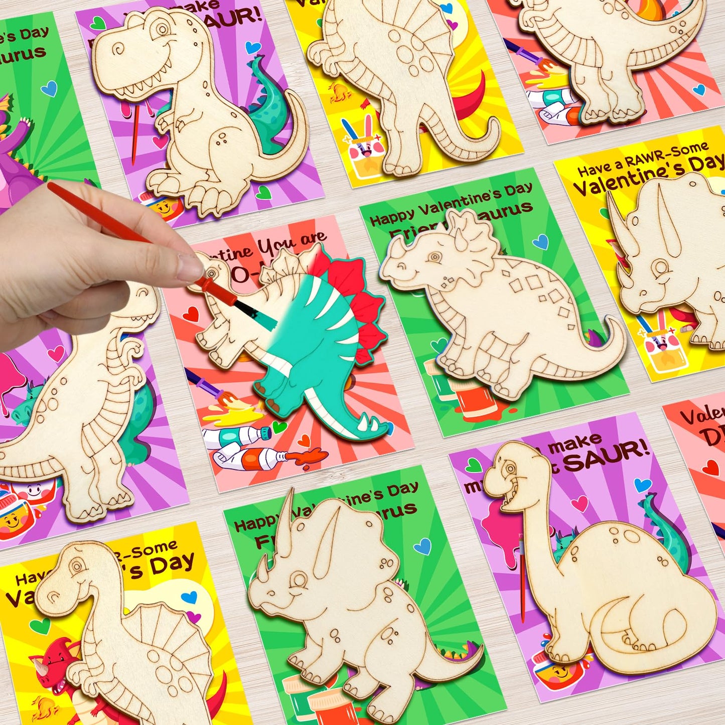 Ximoeo 26 Sets of Dinosaur Wood Paint Crafts Set Valentine's Day Gifts for Kids with Valentine's Day Card School Classroom Valentine Gifts Boy Girl Exchange Party Favors Goodie Bags for Kids