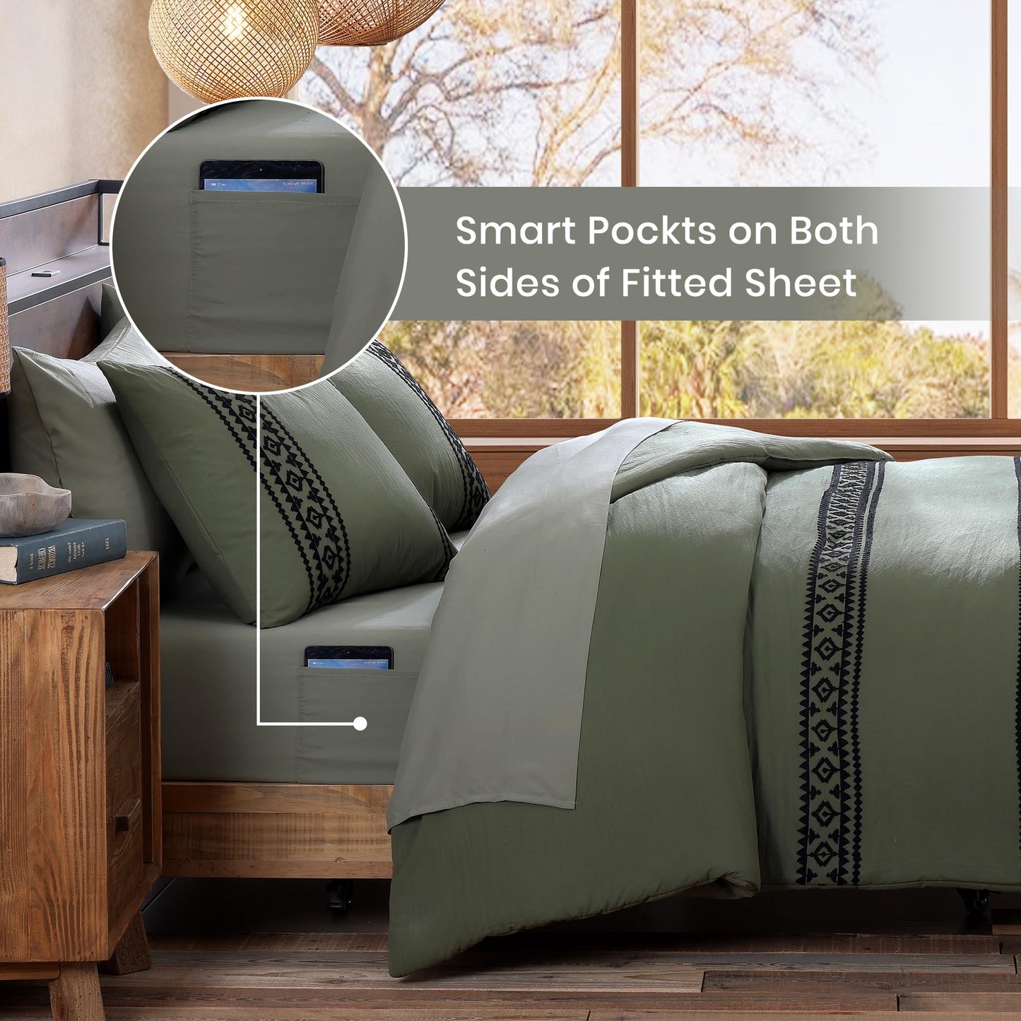 MAIREVE Embroidery Comforter Sets King Size Olive Green - 7 Pieces, Farmhouse Western Bedding Comforter Set, All Season Bed in A Bag King with Sheets, Comforters, Pillowcases & Shams