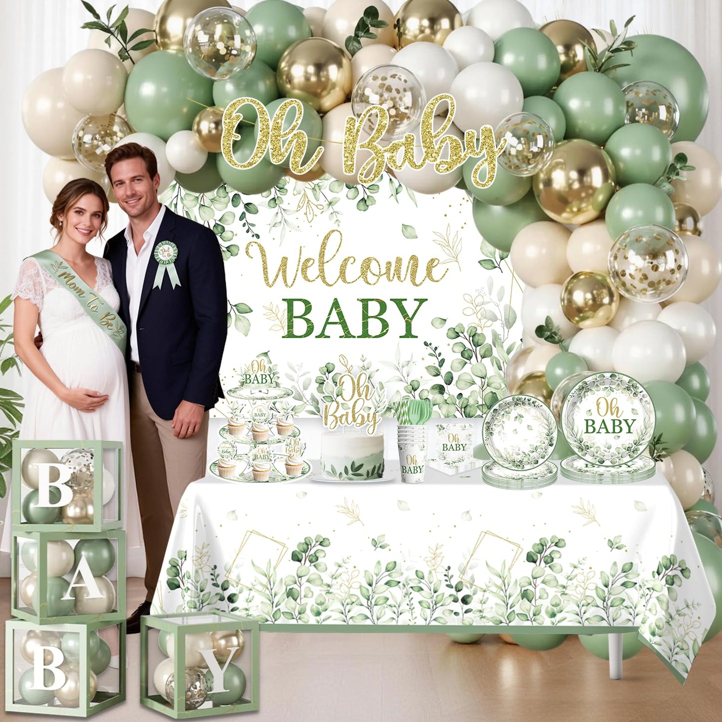 Fexivo 286 Pcs Sage Green Baby Shower Decorations Set-Serves 25 Guests -All-in-One Gender Neutral Party Supplies Kit Includes Balloon Arch, Backdrop, Tableware Set, and Sash