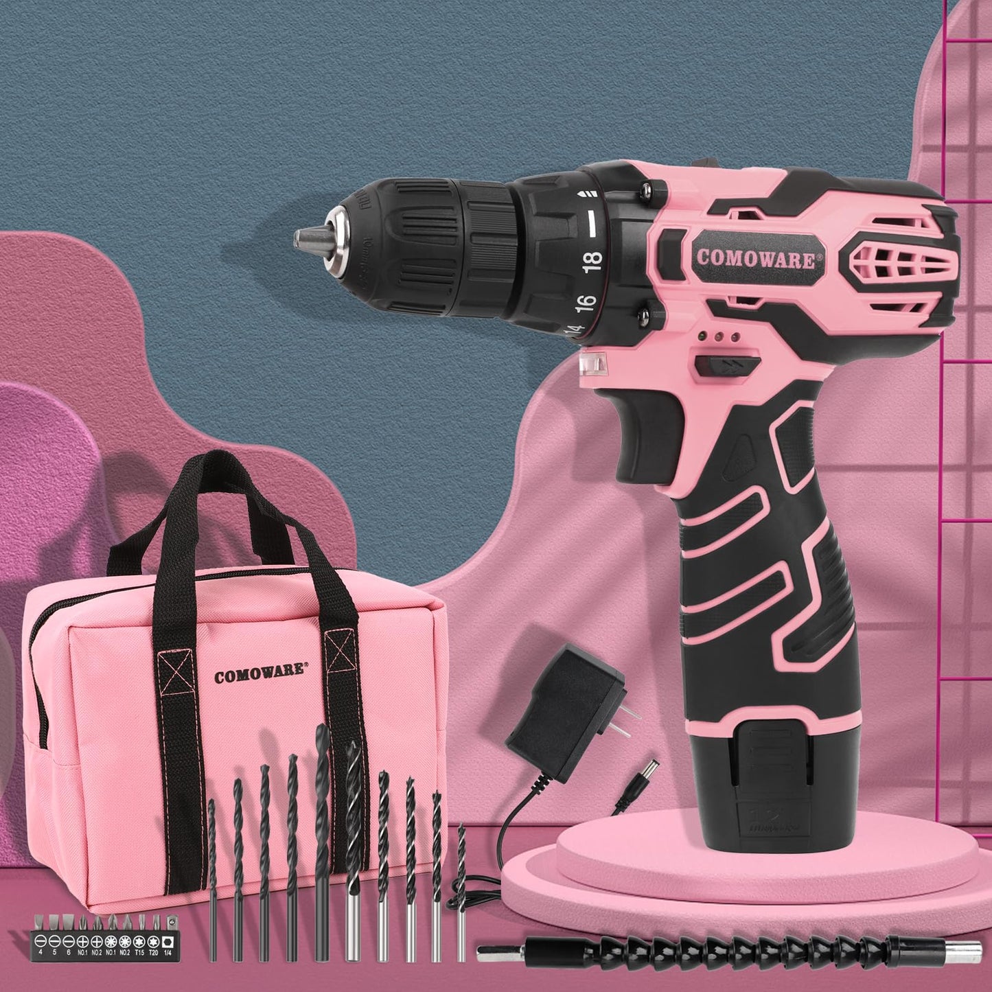 COMOWARE Pink Cordless Drill Set for Women, 12V Lightweight Electric Screwdriver with 3/8" Keyless Chuck, 1.5Ah Battery - Portable Power Drill Kit with Pink Tool Bag for Home DIY Projects