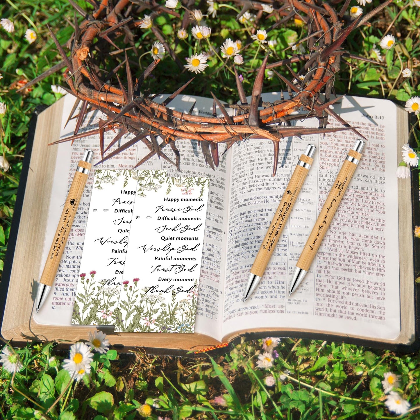 100 Set Christian Religious Gifts Bulk Include Bible Verse Pens and Inspirational Bookmarks Scripture Quote Bible Study Group Church Gifts for Christian Graduation Father's Day Pastor (Bamboo)
