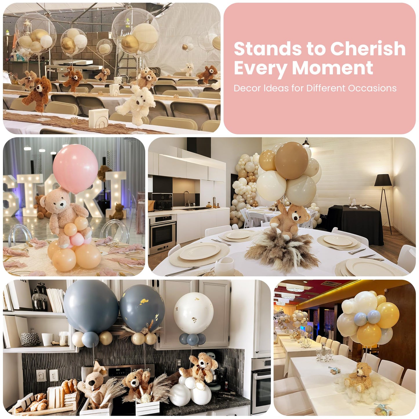 YALLOVE Balloon Stands for Table Set of 10, Adjustable Height 15.75 Inch, 23.62 Inch Balloon Centerpiece Stand, Acrylic Balloon Stick Holder with Base for Party Decorations (Balloons Not Included)