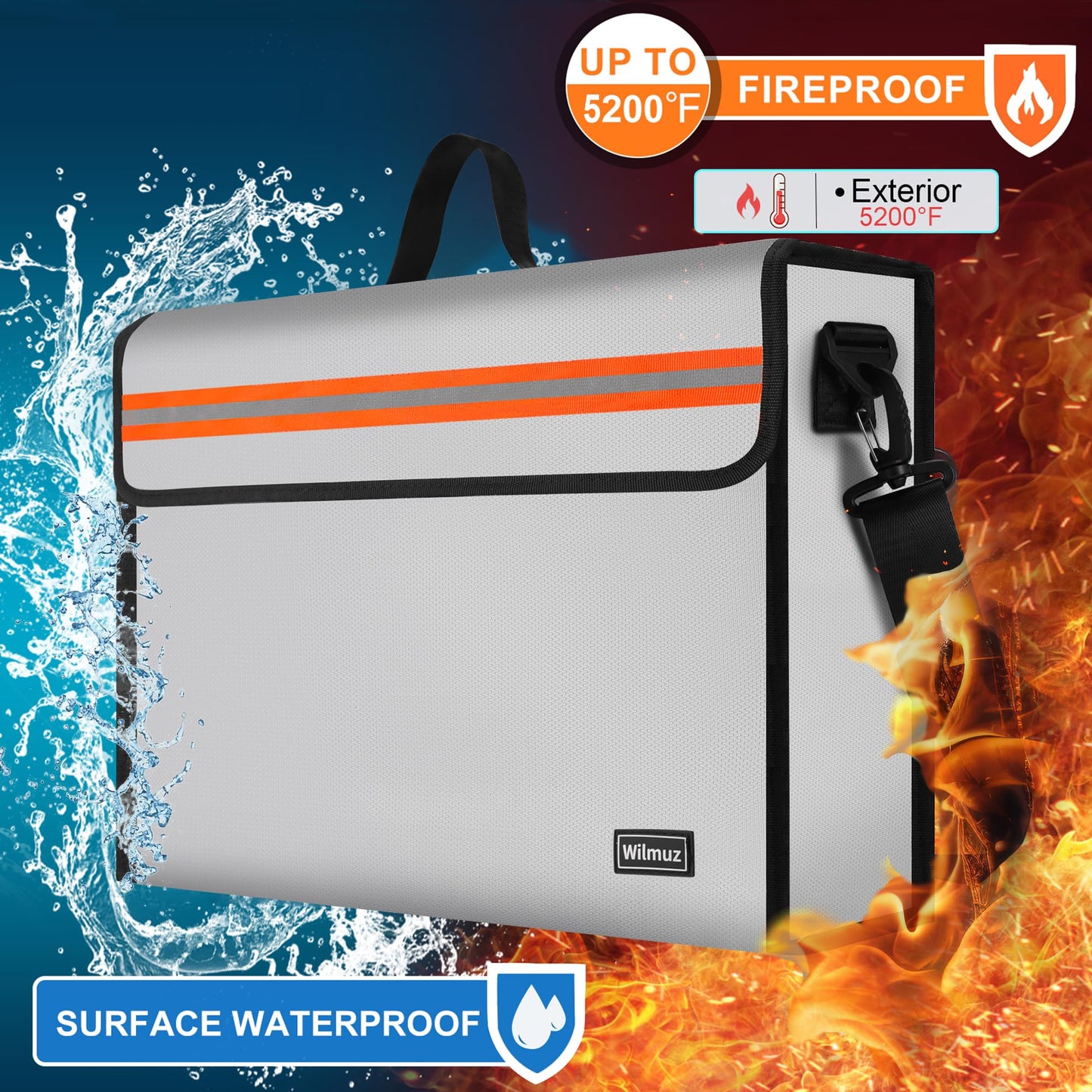 Wilmuz Fire Proof File Box for Documents with Shoulder Strap 5200℉ Insulated,14.9"x11.8"x4.7"Fireproof Document Bag with Reflective Strip,Fireproof Box for Money,Valuables,Jewelry(Silver)