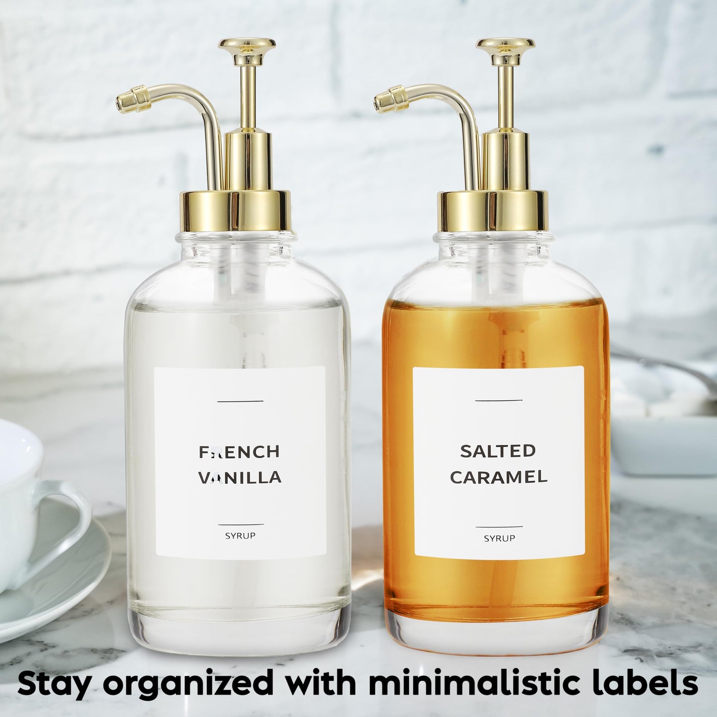 Spaceneat Coffee Syrup Dispenser with Pump - Includes 24 Flavor Labels - Glass Syrup Dispenser for Coffee Bar - Elevate your Beverage Station with 16.9 fl oz Flavoring Container Bottles, 4pcs, Gold