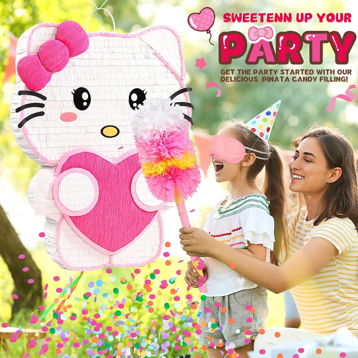 21" Pinata for Birthday Party - 3D Pink Large Piñata, 24" Bat Stick, Eye Mask, Rope - Cute Love Heart Design, Large Party Decoration & Candy Holder for Girls Kids Theme Party, Room Decor & Centerpiece