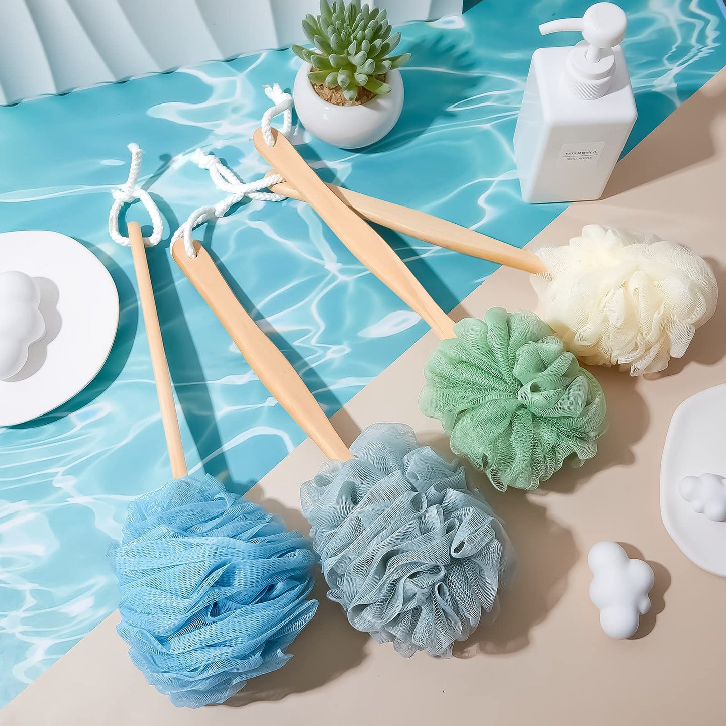 12 Pieces Large Loofah on a Stick Shower Loofah with Long Handle Back Scrubber for Shower PE Body Bath Sponge Soft Spa Mesh Brush Wash Exfoliating Luffas for Men Women, 4 Colors