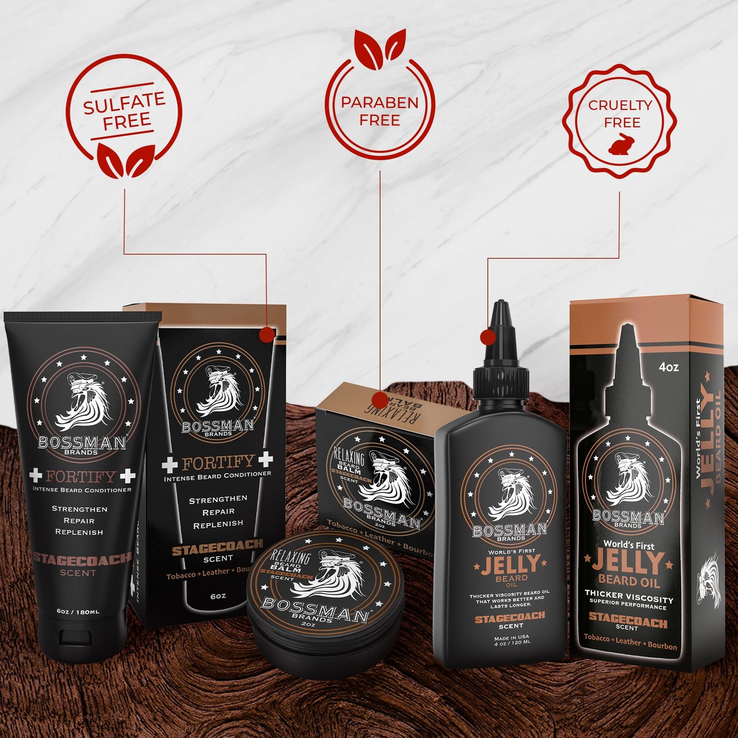 Bossman Essentials Beard Kit for Men – Beard Oil Jelly, Fortifying Conditioner Cream & Beard Balm – Grooming Care Accessories (Stachecoach Scent)