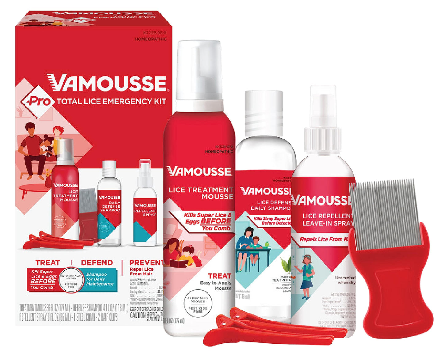 Vamousse PRO Lice Emergency Kit, Includes Lice Treatment Mousse (6 Oz), Daily Shampoo (4 Oz), Repellent Spray (3 Oz), Steel Comb & 2 Clips, for Kids & Adults, Ideal for Daily Use
