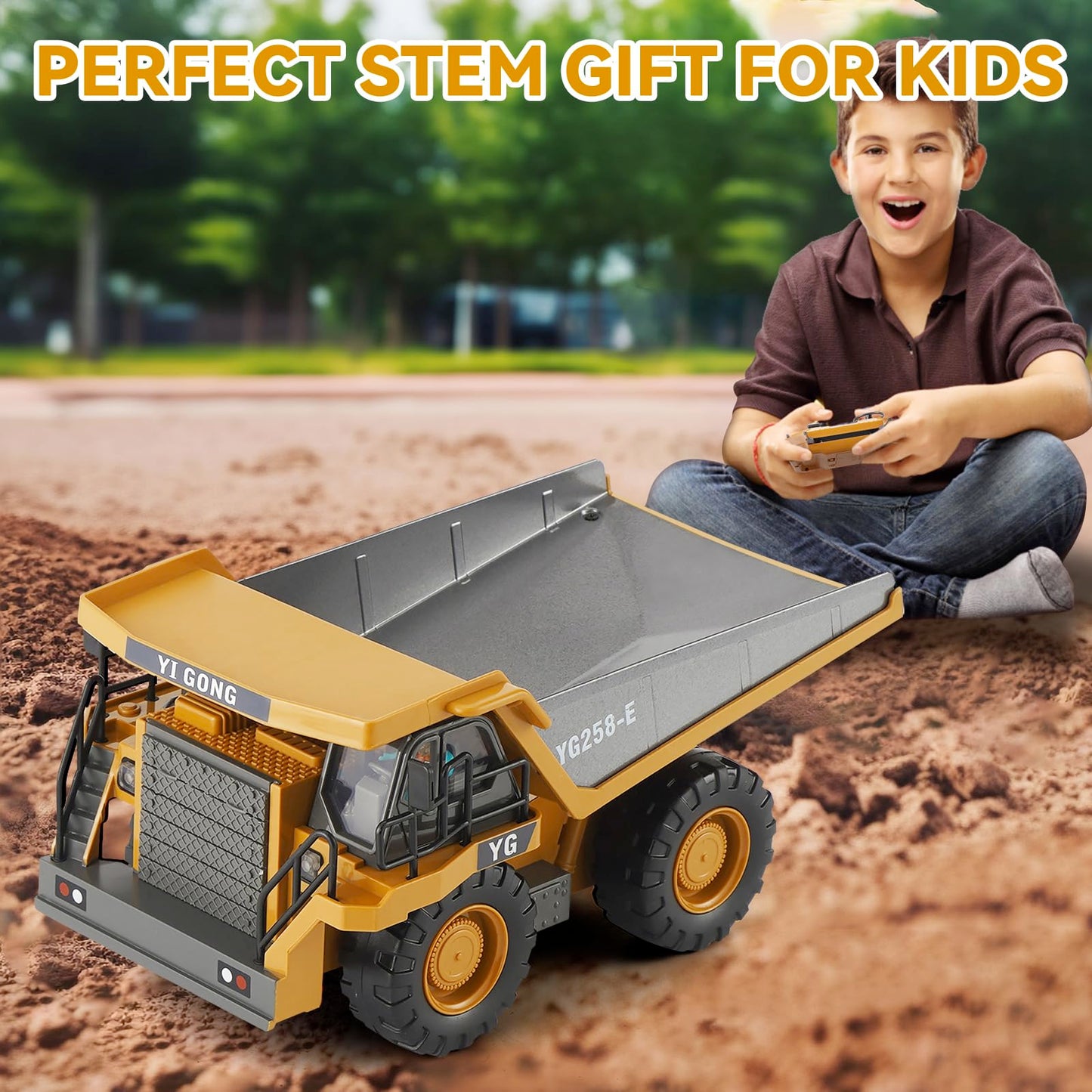 KIZJORYA Remote Control Dump Truck, RC Construction Vehicle for Kids with 9 Channel Metal Bed Light Sound & Rechargeable Battery, Electric Transport Garbage Truck Toy for Toddlers Boys Girls Age 3+