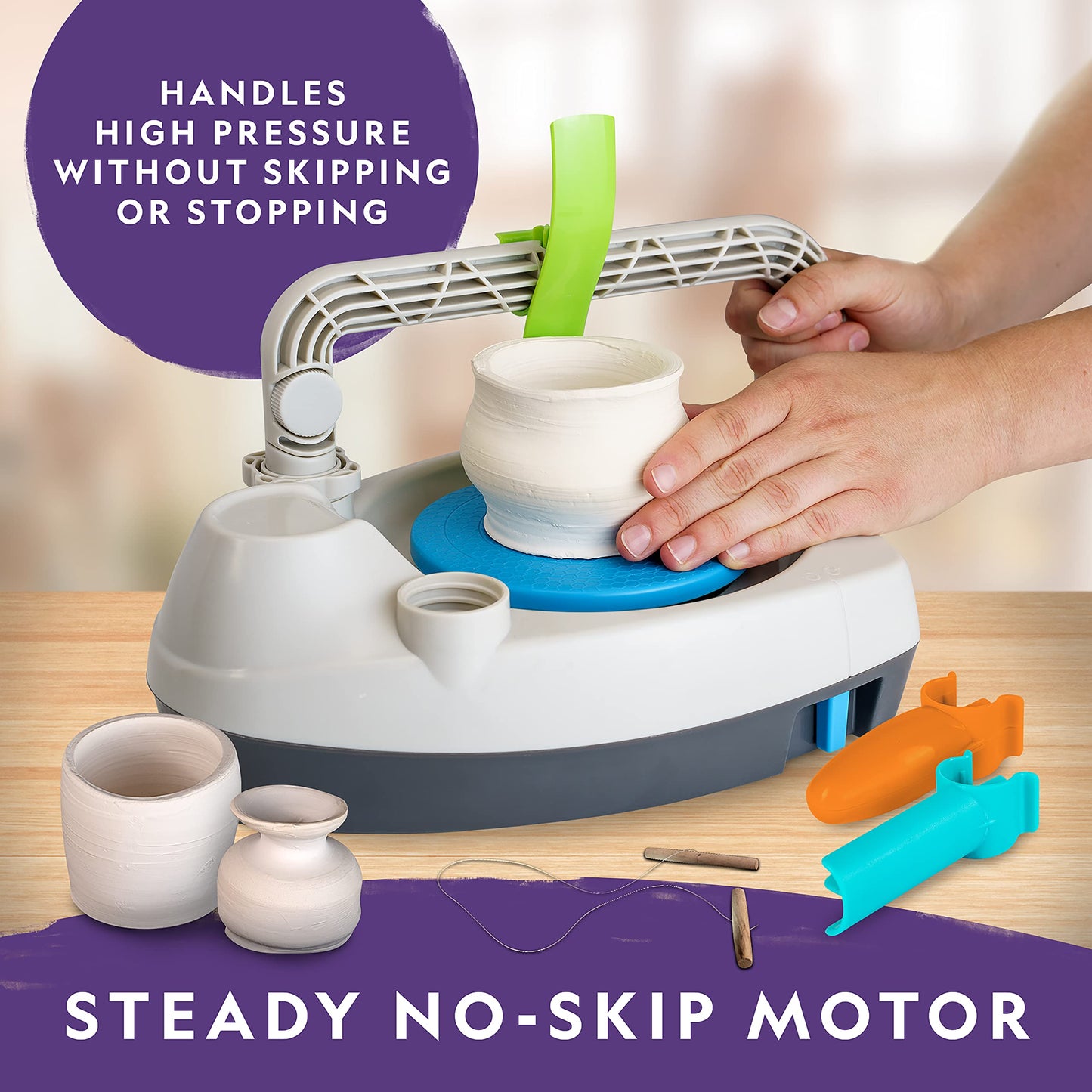 NATIONAL GEOGRAPHIC Kid’s Pottery Wheel – Complete Pottery Kit for Beginners, Electric Motor, 2 lb Air Dry Clay, Sculpting Clay Tools, Patented Integrated Arm, Apron & More, Great Craft Kit for Kids