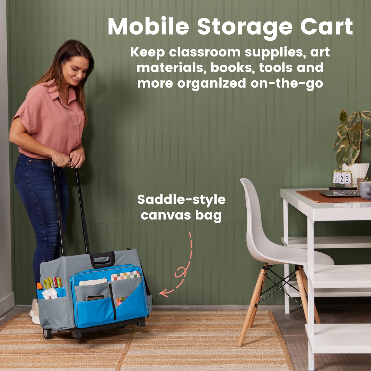 ECR4Kids Universal Rolling Cart with Canvas Organizer Bag, Mobile Storage, Blue/Grey
