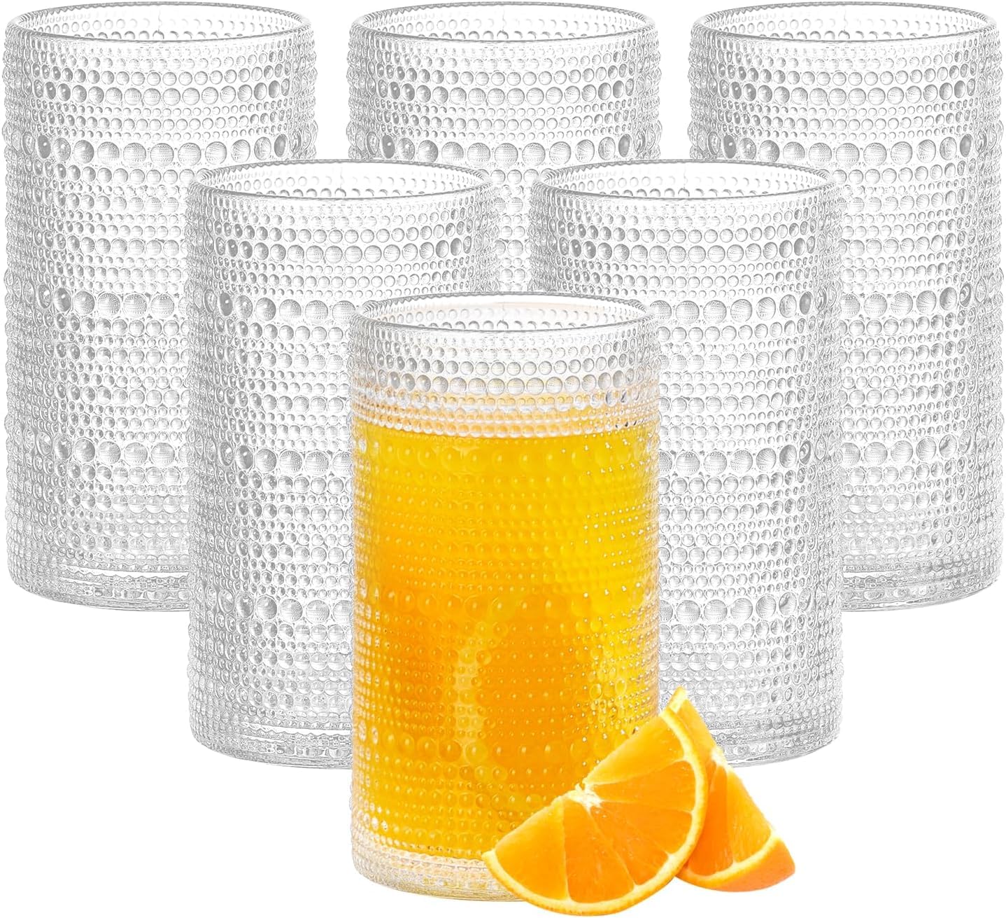 GDCCI 16oz Hobnail Drinking Glasses Set of 6, Vintage Large Capacity Embossed Clear Tumblers, Highball Glasses for Water, Cocktail, Beer, Whiskey, Juice & Bar Use
