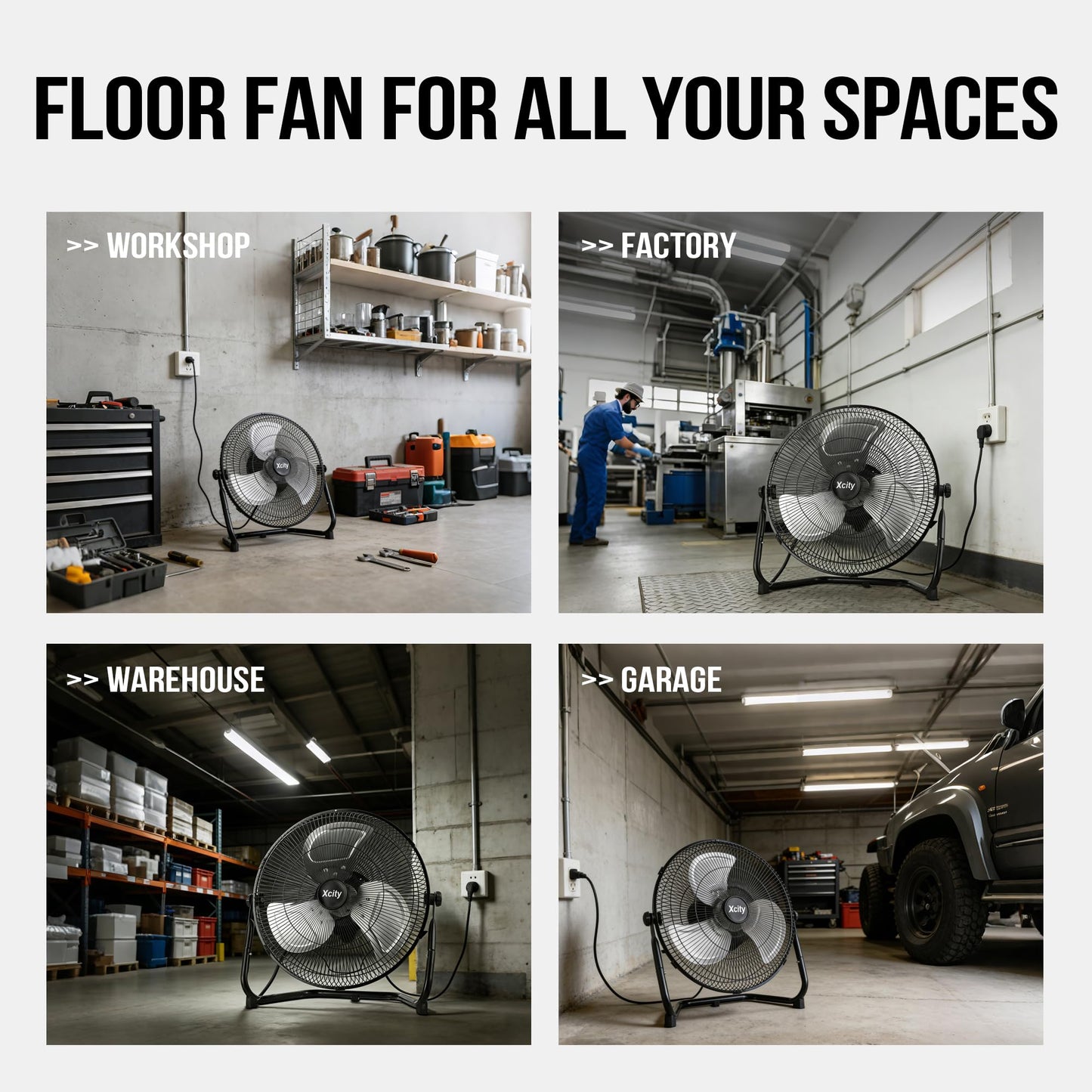 Xcity 20-Inch Metal Floor Fan, High Velocity 4650 CFM Industrial Fan, 3-Speed & 360° Adjustable Tilt, Heavy Duty for Garage, Commercial, Warehouse, Office & Home