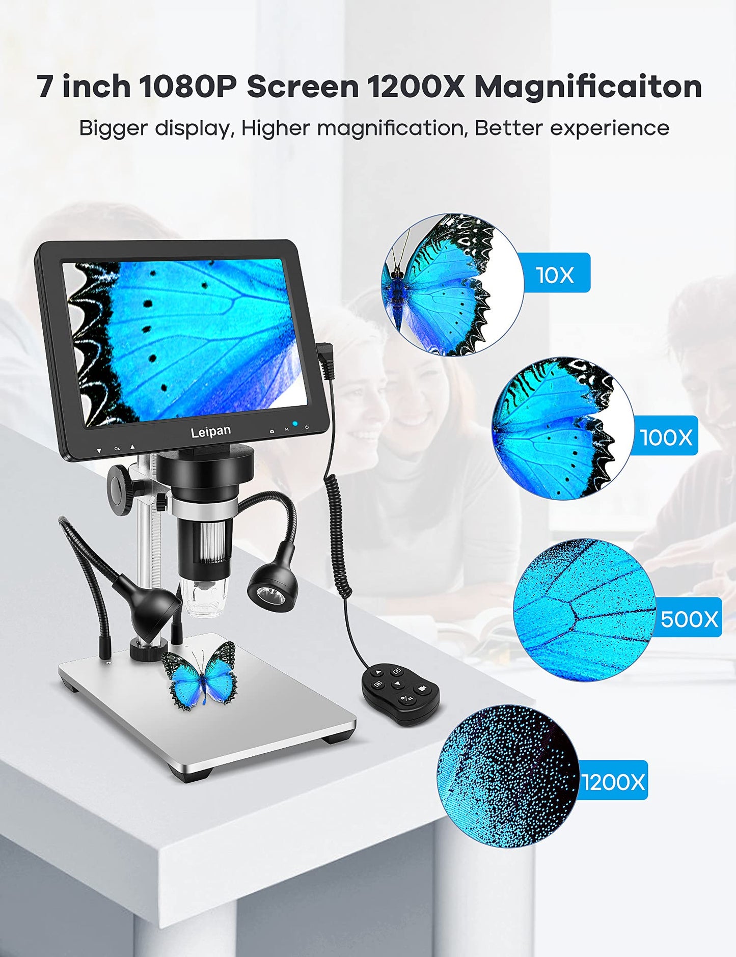 7" LCD Digital Microscope 1200X,12MP Coin Microscope with Screen for Adults,1080P Video Microscope with 12pcs Slides,Windows/Mac Compatible,32GB Card and 5" Extension Tube Included