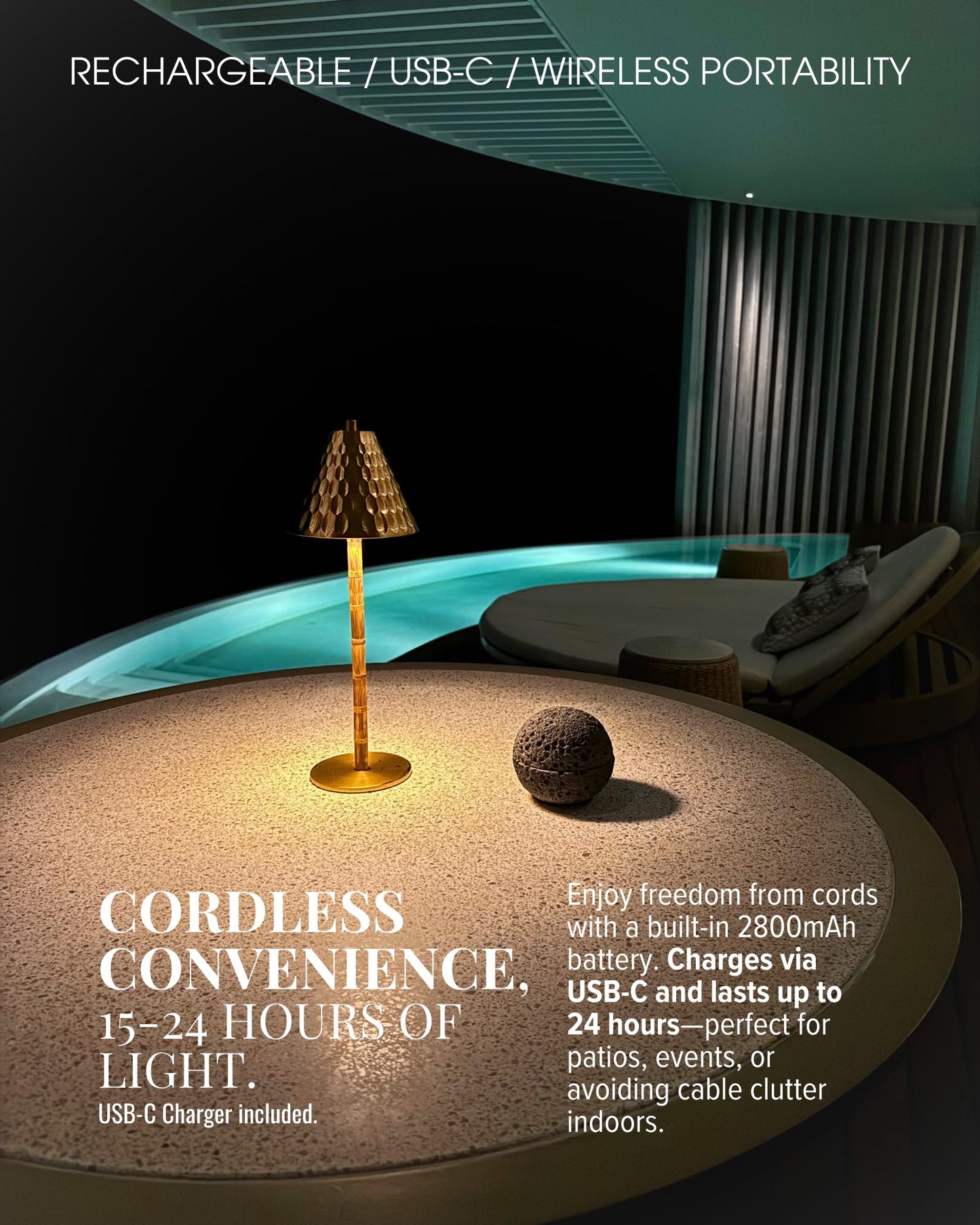 LUXELYKOS Bamboo Cordless LED Table Lamp – Rechargeable 24-Hour Battery, Dimmable Warm Light, 15" Portable Wireless Lamp with Remote for Indoor/Outdoor Use, Home, Patio, Restaurant – Textured Gold