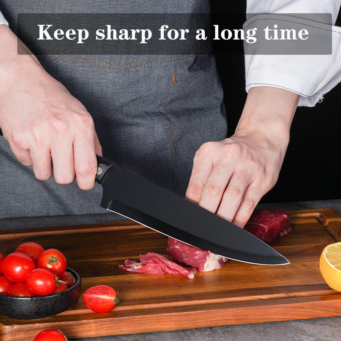 ANDONG 19-Piece Stainless Steel Kitchen Knife Set with Wooden Block & Sharpener - Chef Knives, Dishwasher Safe, Ergonomic Anti-slip Handle for Home Cooking,Black