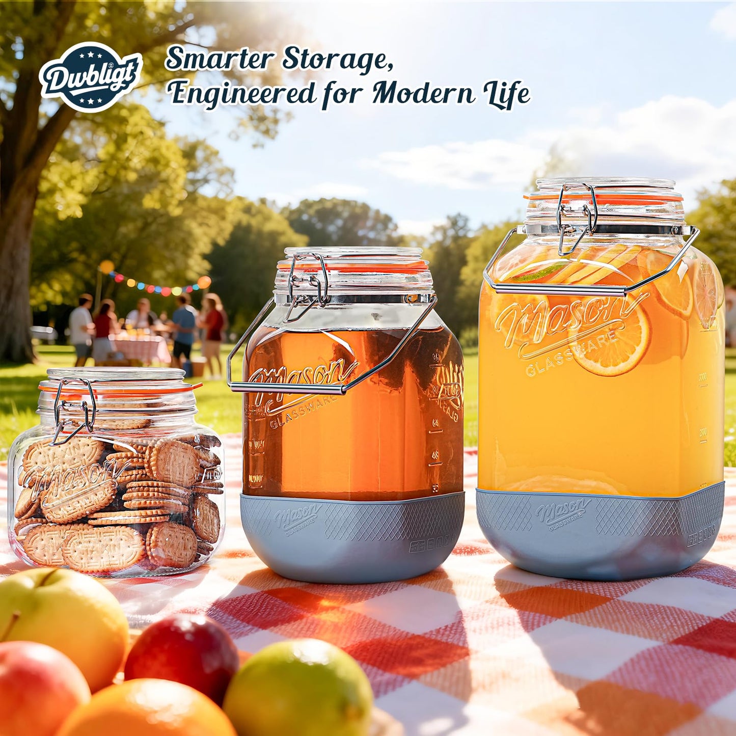 2 Pack Square 1 Gallon Glass Jar with Airtight Lid, Large Mason Jars Wide Mouth 128 Oz with Scale Marks & Handle, Glass Storage Containers with Anti-slip Base for Kitchen, Pantry, Laundry Room, Flour