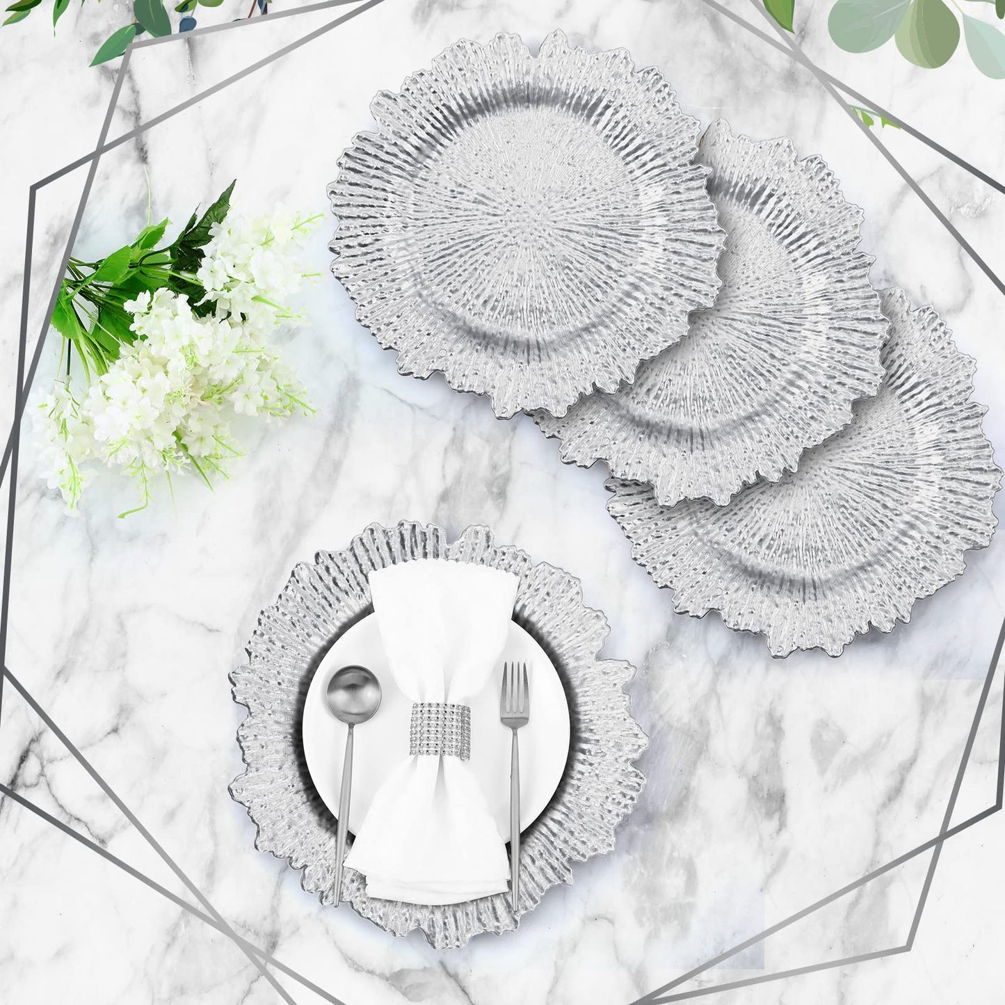 50 Pcs 13 Inch Charger Plates Bulk Plastic Plate Chargers with Floral Reef Design Round Ruffled Rim Dinner Charger Plates for Dinner Wedding Party Event Table Setting Decor (Silver)