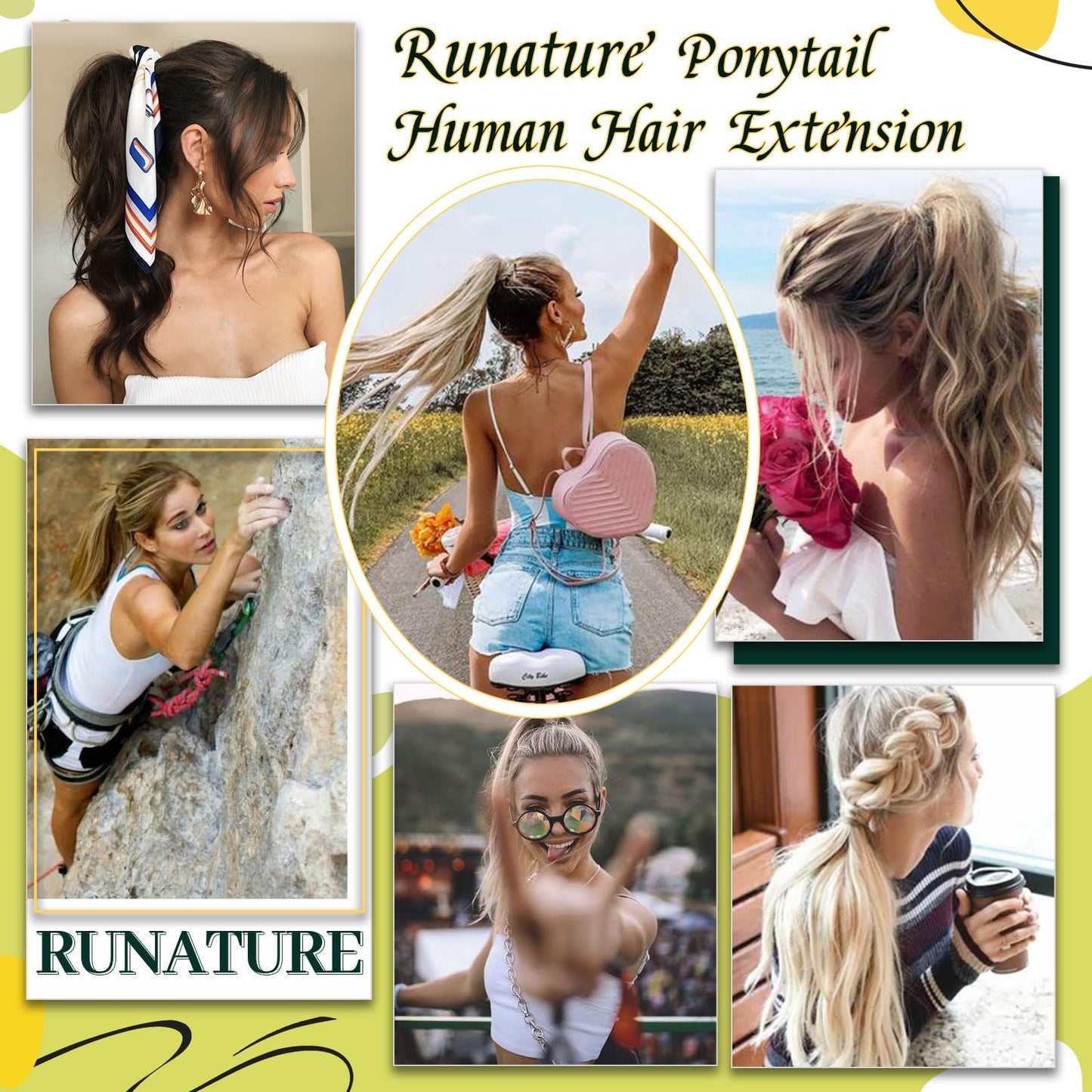 RUNATURE Human Hair Ponytail Extension Blonde Ponytail Hair Extension Ponytail Dark Blonde Highlight Caramel Blonde Short Ponytail Human Hair Extensions Straight Pony Tails Hair Extension 12 Inch 70g