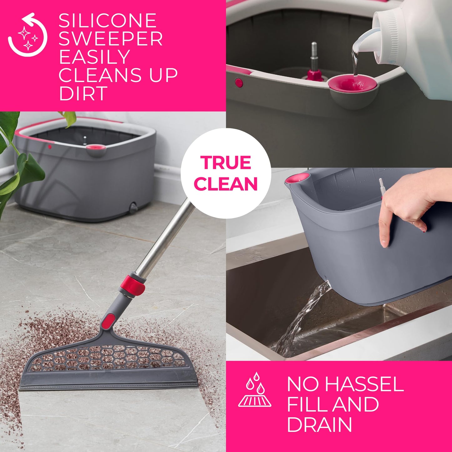 True & Tidy True Clean Spin Mop & Bucket System – Dual Compartment Design for Clean & Dirty Water, 360° Swivel Mop Head, Built-in Scrubbing Brush, Stainless Steel Handle & 2 Reusable Microfiber Pads