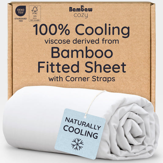 Bambaw King White Fitted Sheet Only, 100% Viscose Derived from Bamboo Sheet, Cooling Fitted Sheet King Size, 16” Deep Pocket Sheet (White)