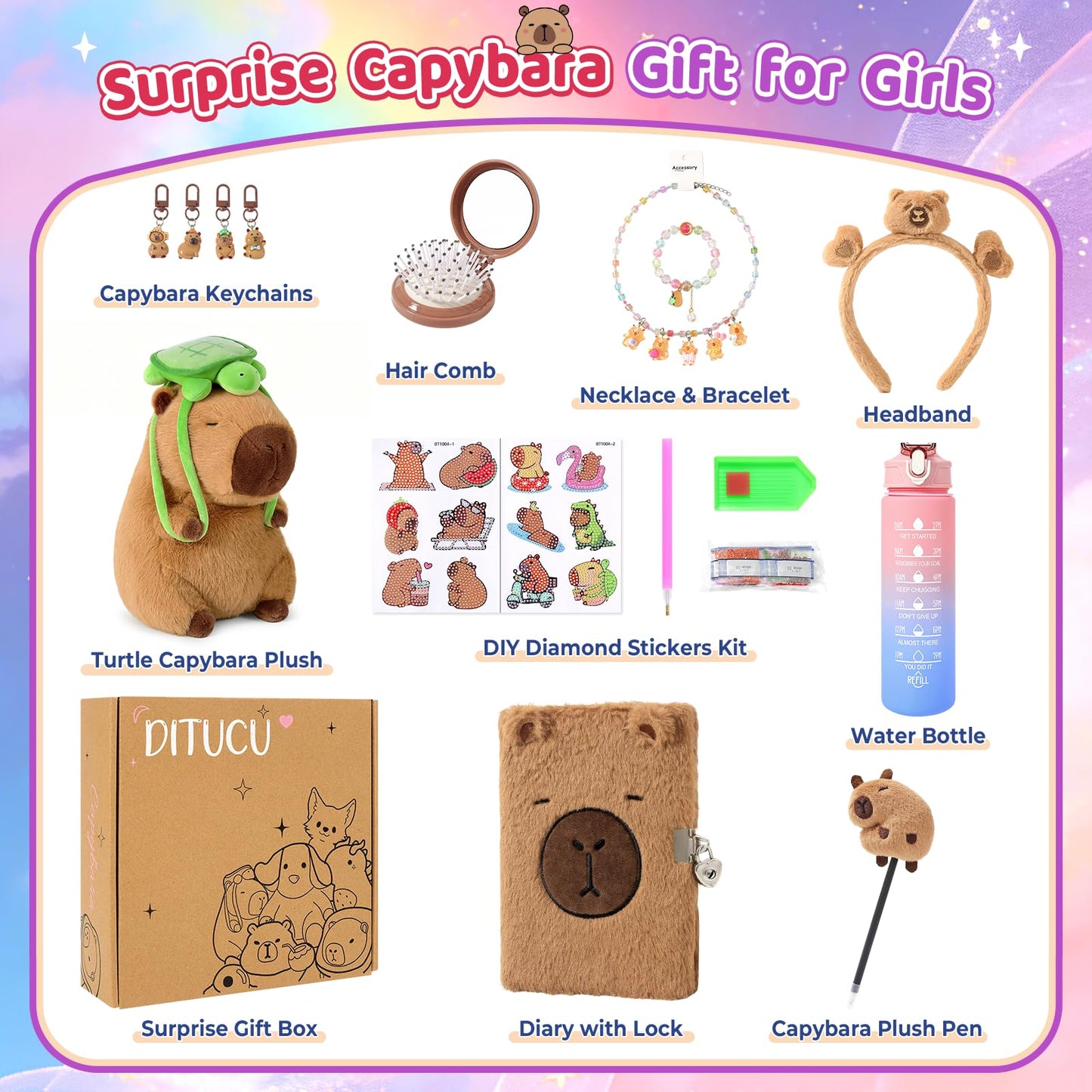 Ditucu Strawberry Capybara Plush Gifts for Girls 4 5 6 7 8 9 10 Years Old with Stuffed Animal/Stickers/Water Bottle/Bag/Coin Purse/Keychains/Hair Accessories/Comb/Necklace/Bracelet Plushies Toys Set