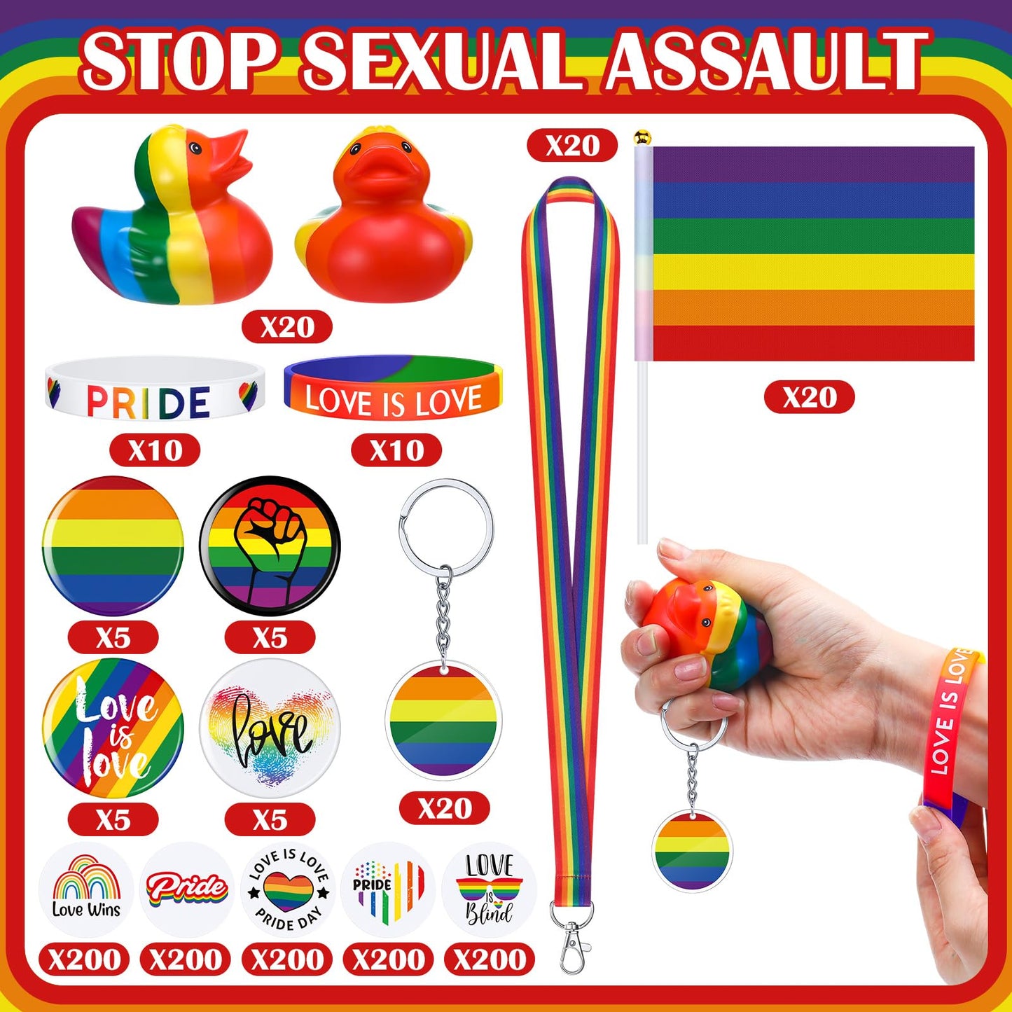 RoundFunny 1120 Pcs Rainbow Gay Pride Items Set Include Rainbow Rubber Ducks Flags Stickers Buttons Silicone Bracelets Lanyards Safety Buckles Keychains for Pride Day Month Party Accessories Supplies
