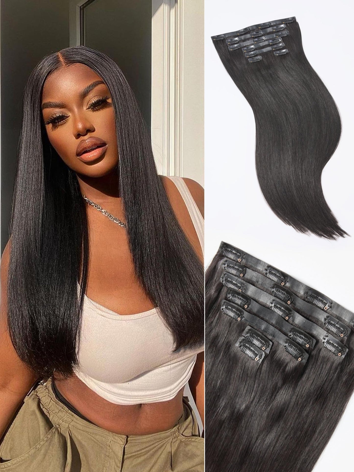 LUVME Yaki Straight Seamless 110g 7Pcs Clip in Hair Extensions Full Max with 18inch Remy Human Hair Extensions, Natural Black 100% Real Soft Human Hair Extensions