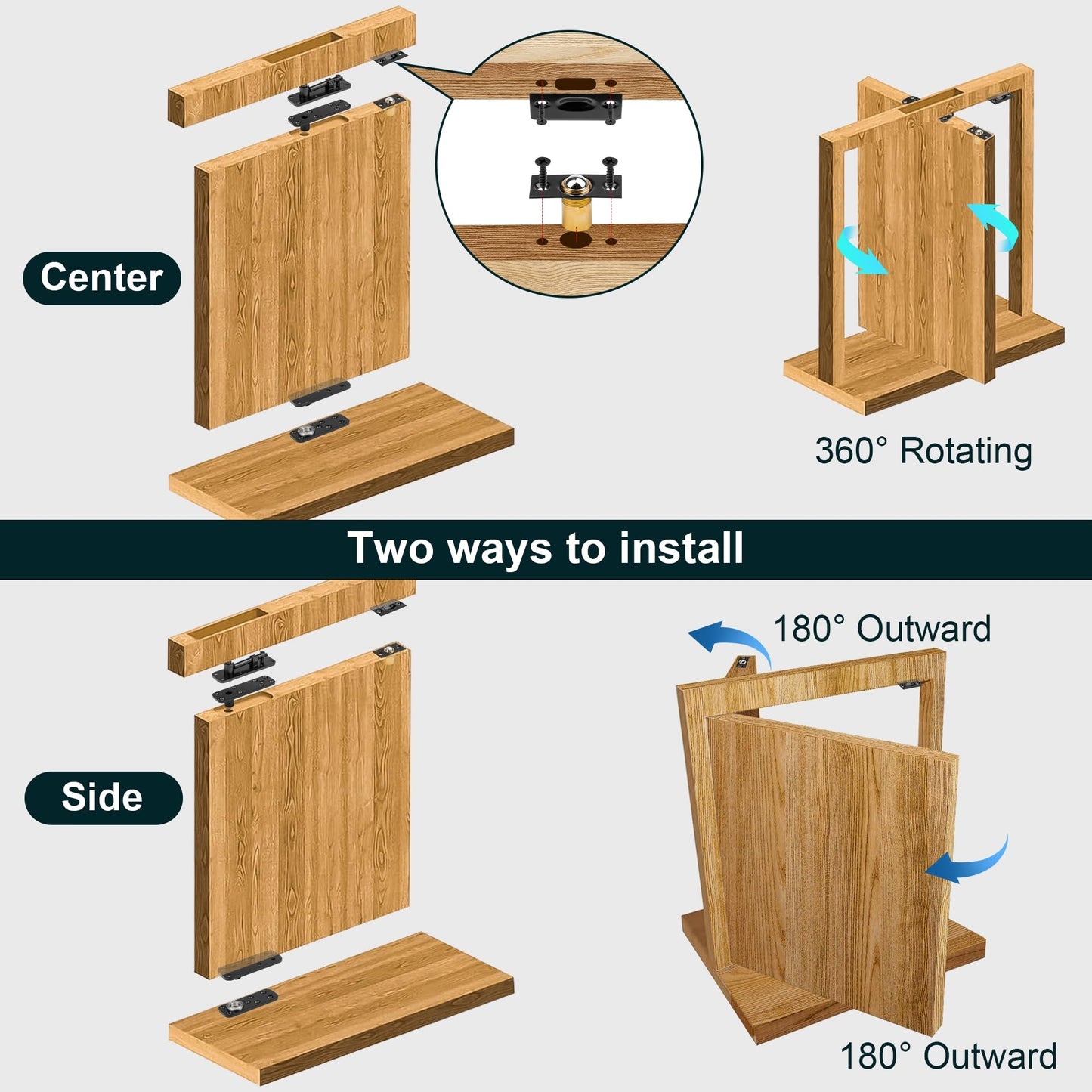 Hidden Door Hinge,570Lbs Load-Bearing Thickened Solid Stainless Steel - Heavy Duty 360° Swinging Pivot Hinge for Secret Doors, Bookcase, Murphy & Shelf Doors - Includes Hardware Kit 2SET