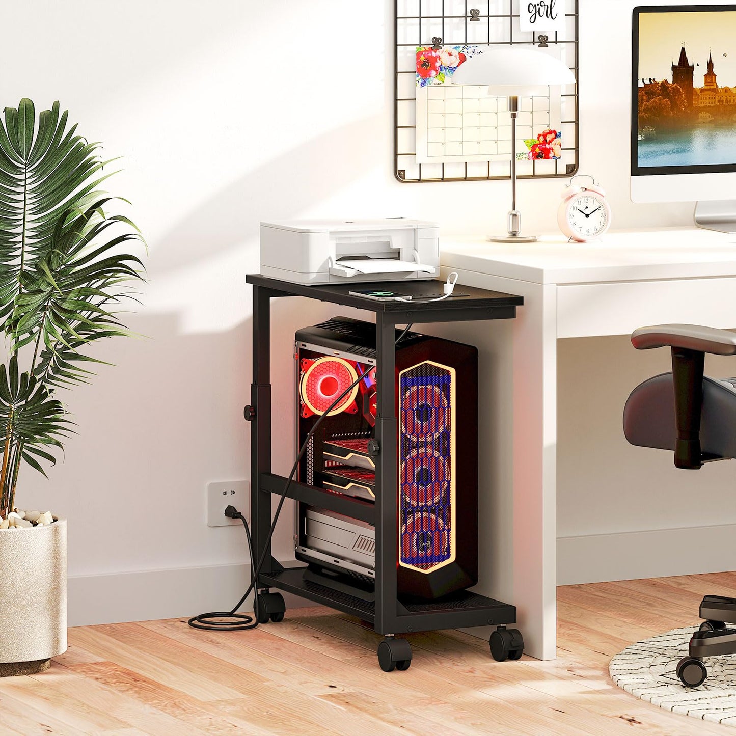 Snughome Computer Tower Stand with Charging Station, 25.0"-32.1" Height Adjustable PC Tower Stand for Floor, Mobile PC Holder with Locking Wheels Computer Cart for Home Office
