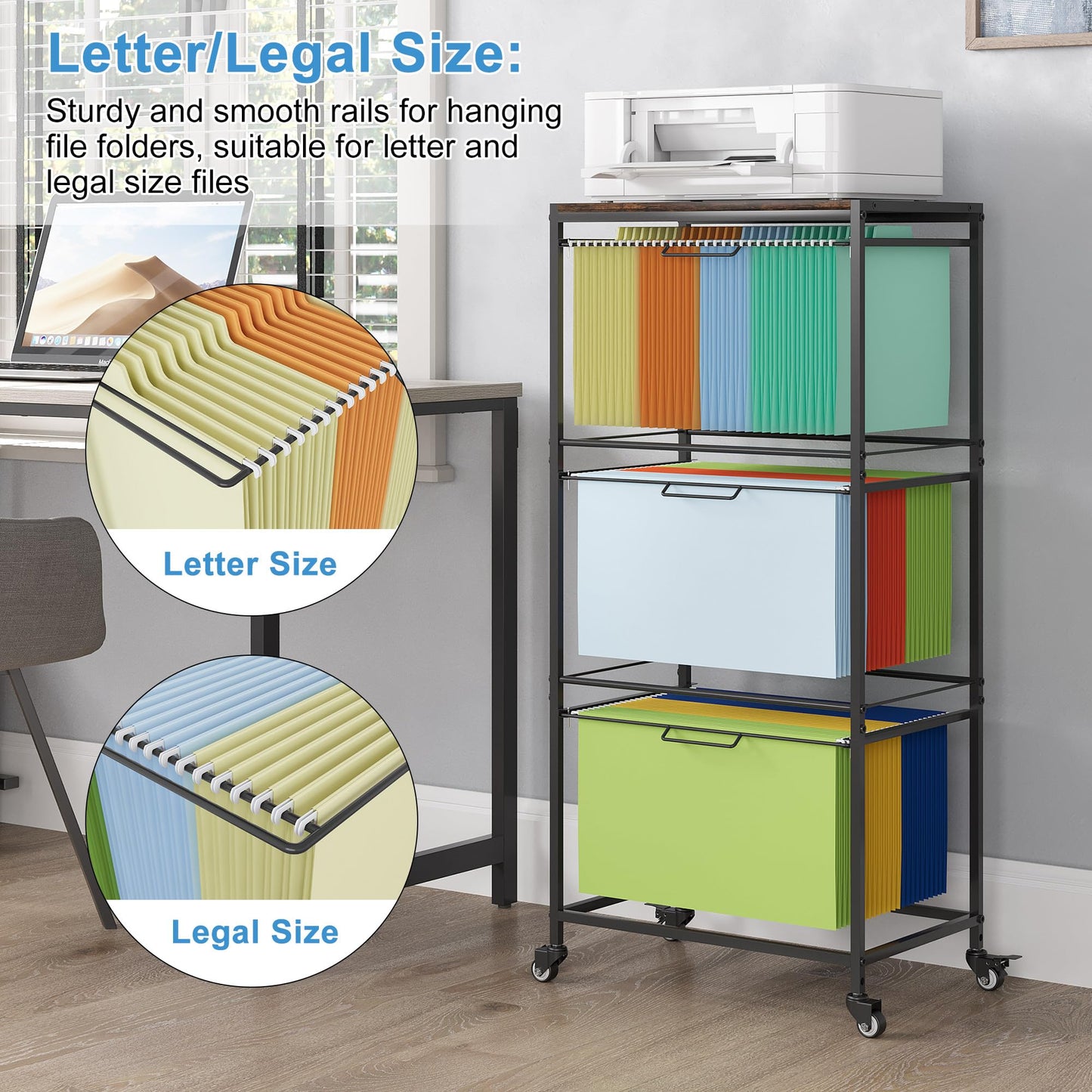 EasyPAG Rolling Hanging File Folder Cart, 3 Tier Metal Pull-Out File Rack for Letter and Legal Size Folders, Portable Filing Cart for Office Home, Black