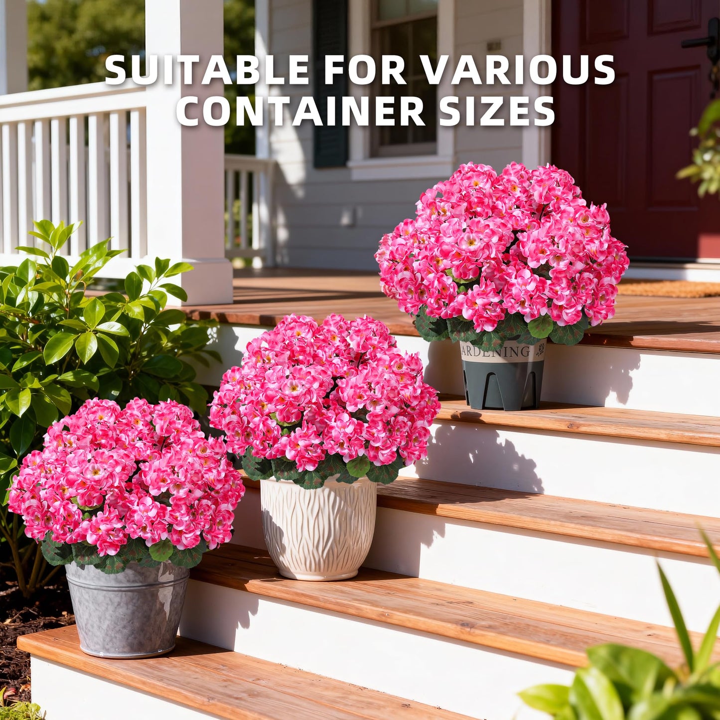 Geraniums Artificial Flowers for Outdoors, 2 Pack Potted Plants Pink Faux Geraniums Bush Artificial Topiaries Realistic UV Resistant Fake Flowers Plants for Planters Outside Gardens Front Door Indoor