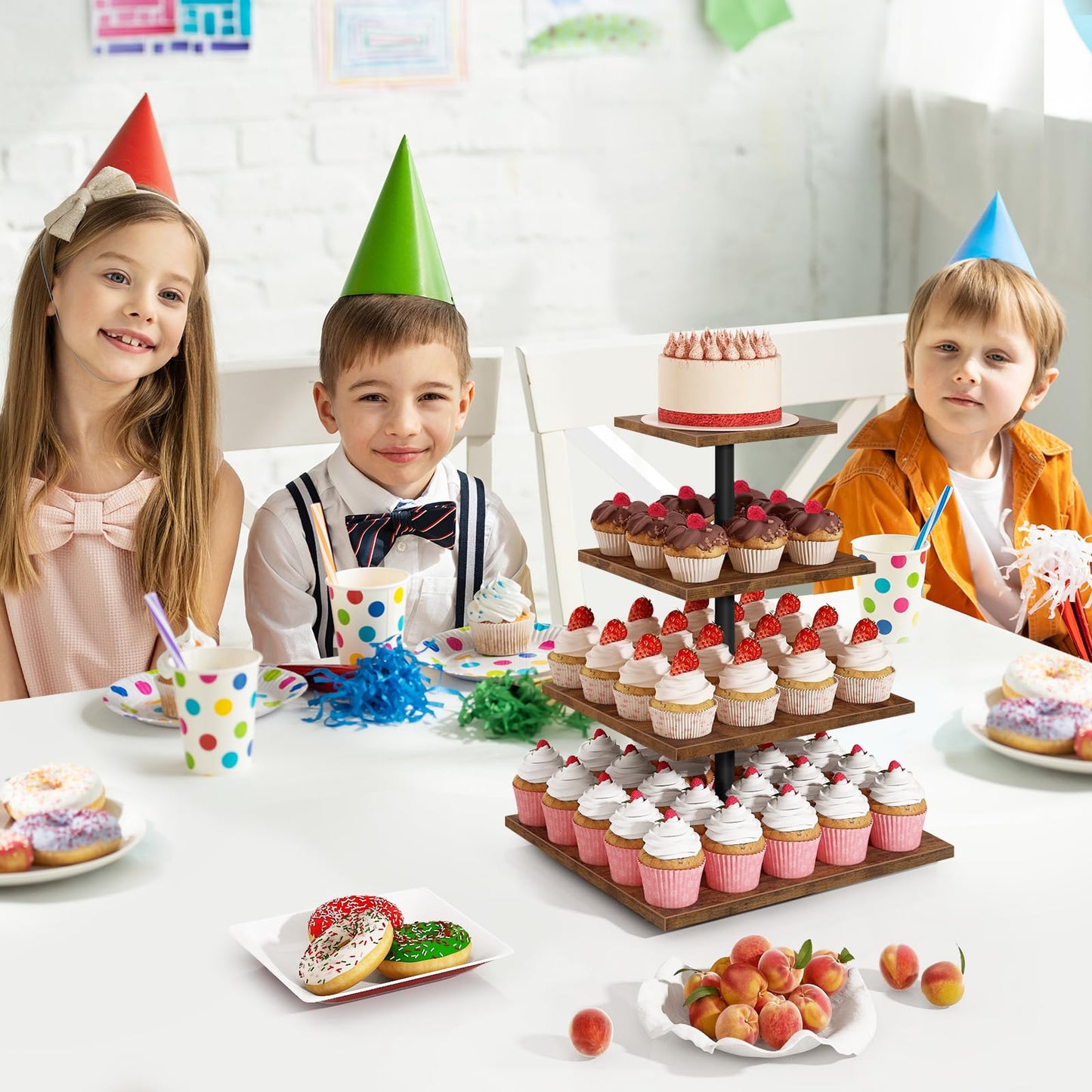 ELITEROO 4 Tier Cupcake Stand, 360 Rotating Cupcake Stand for 50 Cupcakes, Square Tiered Cup Cake Tower Holder, Wooden Dessert Display Stands for Party Wedding Graduation Birthday Baby Shower