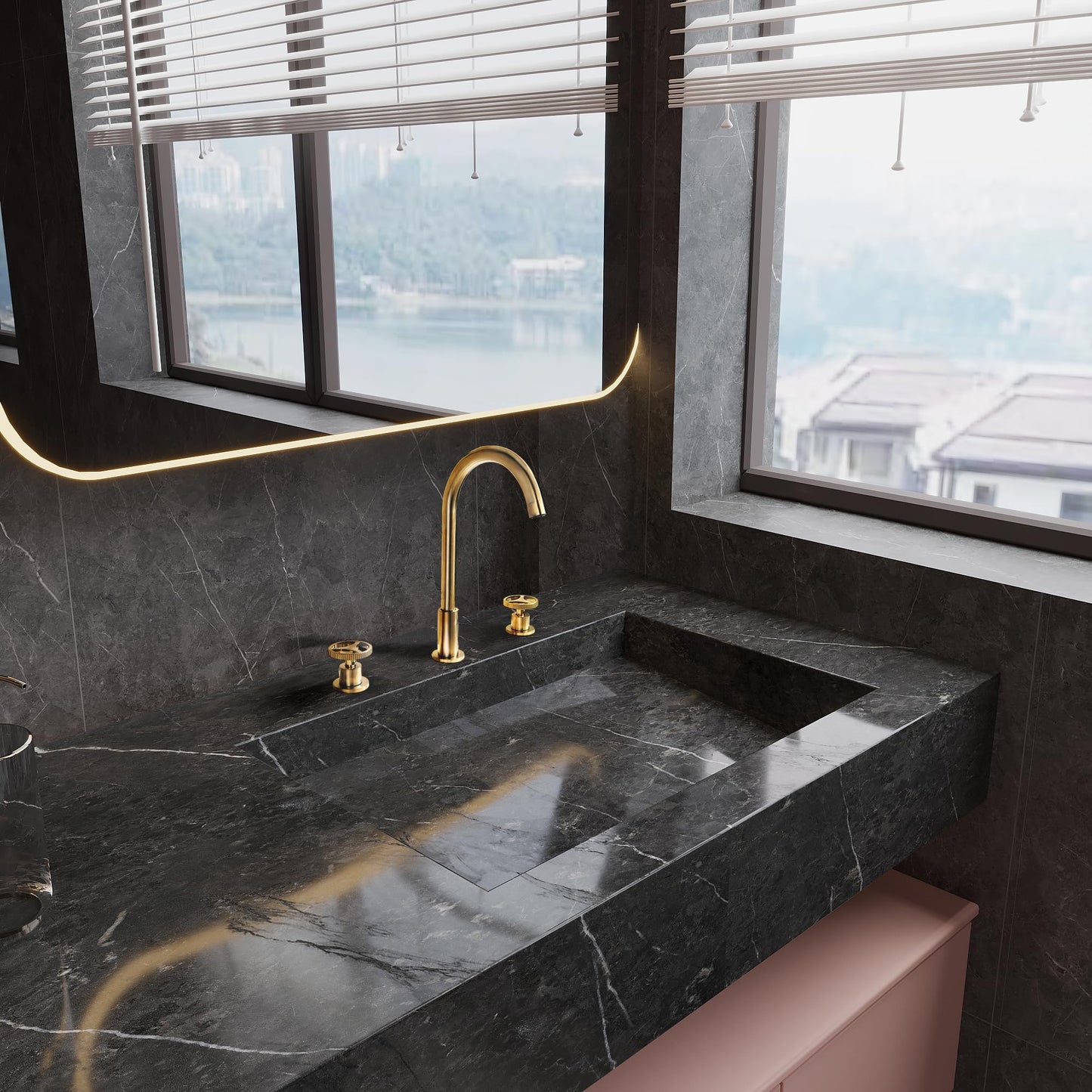 Bathroom Faucets Widespread Two Handle Vanity Faucet Deck Mount Bathroom Faucet 3 Hole Modern Gooseneck Bathroom Sink Faucet Spout, Brushed Gold