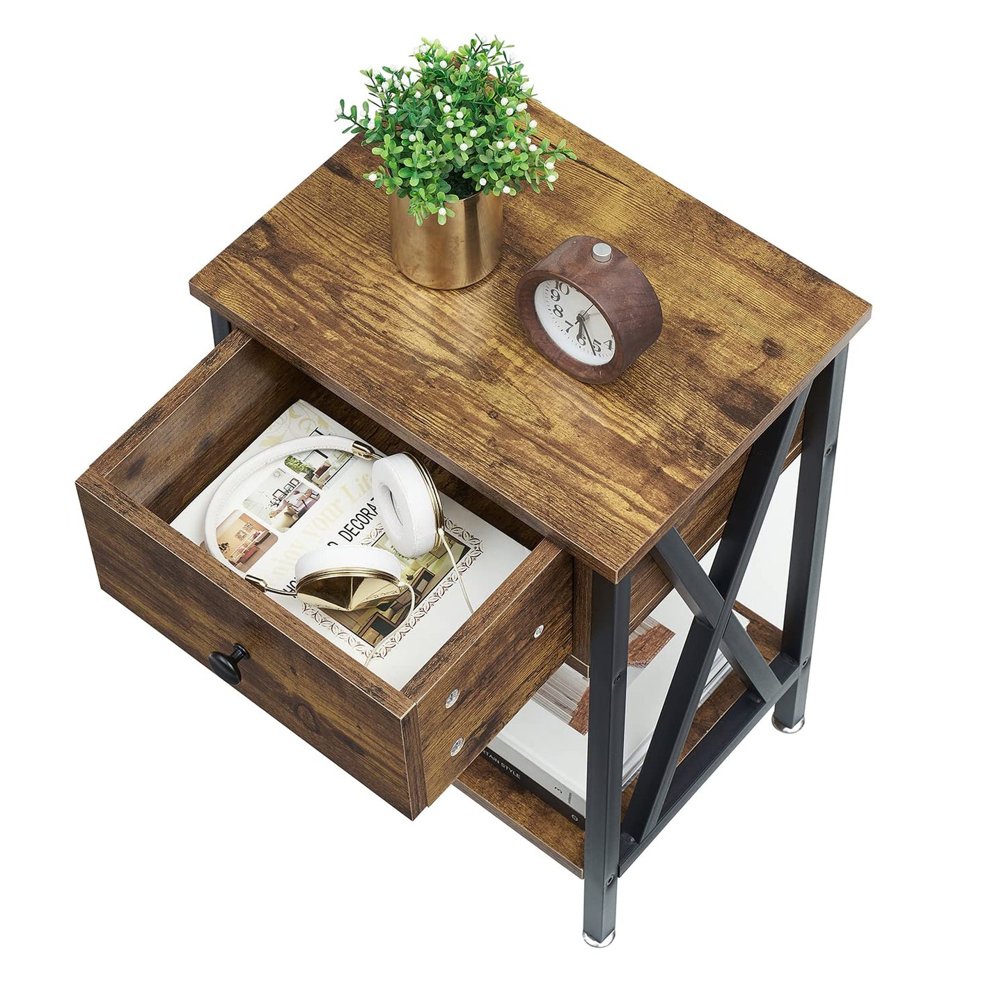 VECELO Nightstands Set of 2, Modern Bedside End Tables, Night Stands with Drawer and Storage Shelf for Living Room Bedroom, Industrial Metal Frame