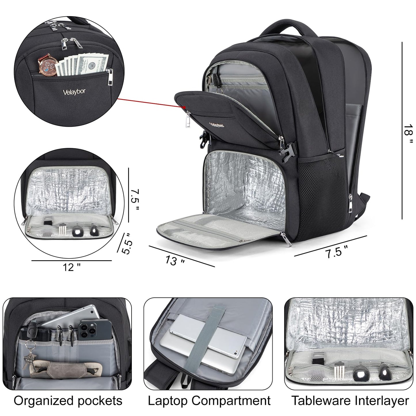 Velaybor Insulated Lunch Backpack Fit 17" Laptop, Work Backpack with Lunch Box for Men & Women, Water Resistant College Computer Bag for Travel, Business, Hiking