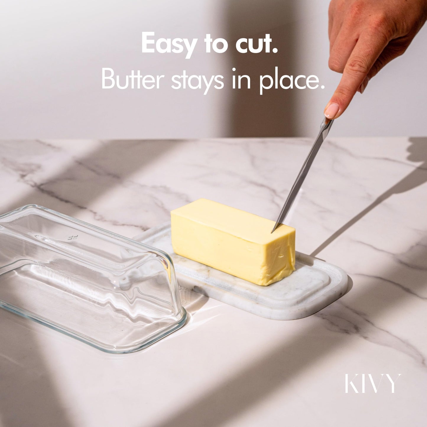 KIVY Butter Dish (White Marble & Glass) - For countertop and refrigerator door shelf - Marble butter keeper - Stone butter dish with lid - Dishwasher Safe