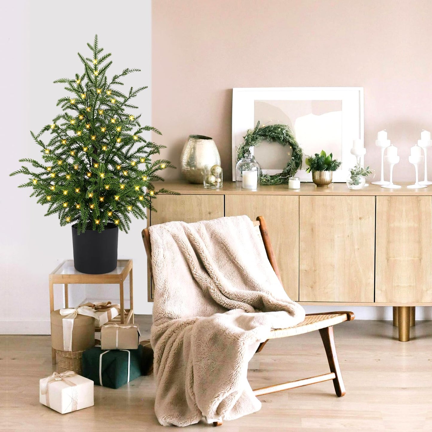 ENVEN 2FT Artificial Norfolk Pine Christmas Tree – Tabletop Faux Tree Unlit/Prelit with 50 LED Lights & 8-Function Battery Box, Pre-Assembled Holiday Decor for Home or Office (Prelit-2FT-2Pack)