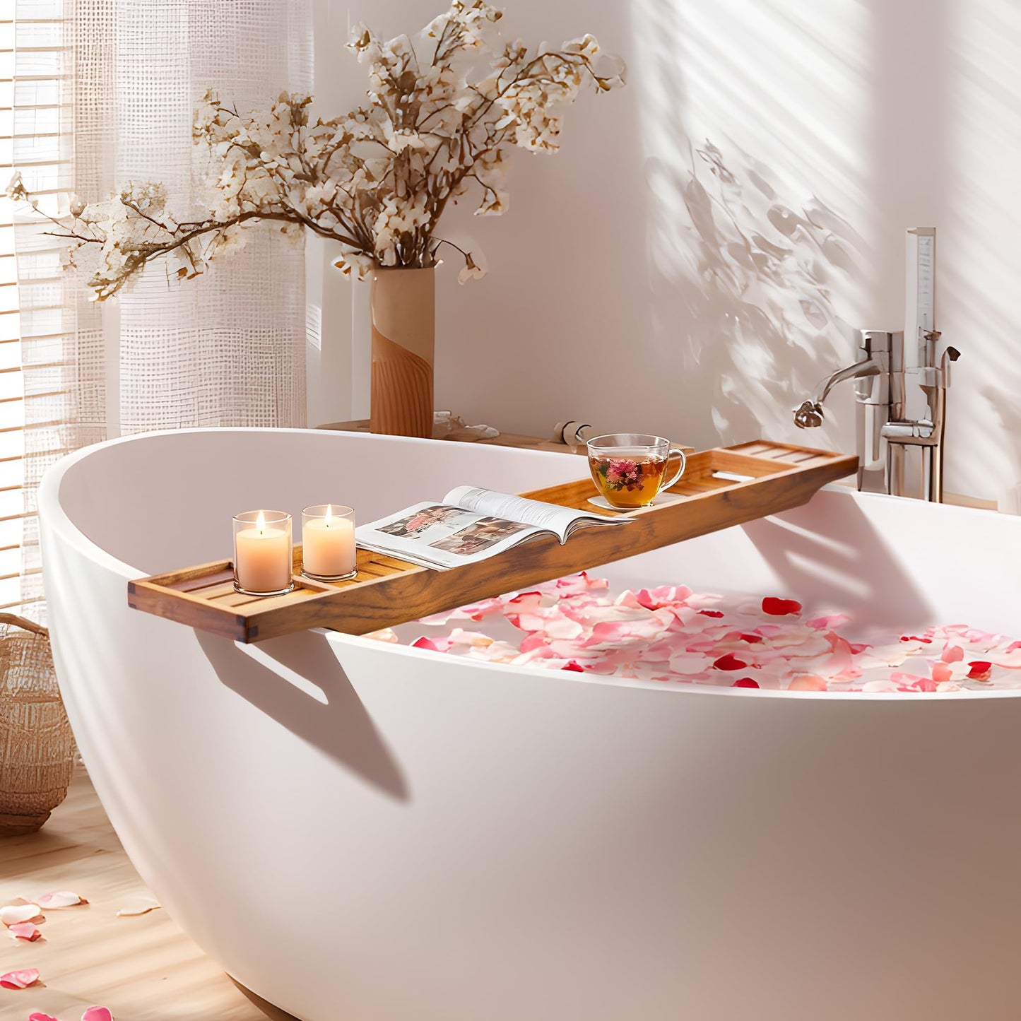 VaeFae Teak Bathtub Tray, Wooden Bath Caddy for Bathtub, Bath Tub Wood Table for Tub, 39.8" x 6" x 1.8"