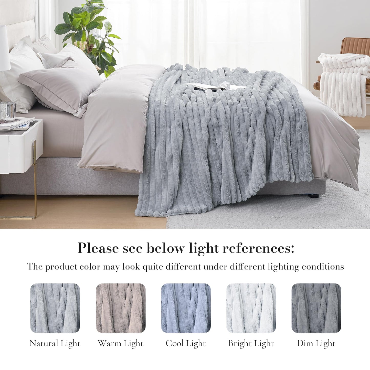 Amélie Home Faux Fur Throw Blanket for Couch, Cozy Fuzzy Fluffy Fur Luxurious Soft Striped Plush Gift Blankets for Family Sofa Chair Bed Living Room Bedroom, 55"x70", Light Grey