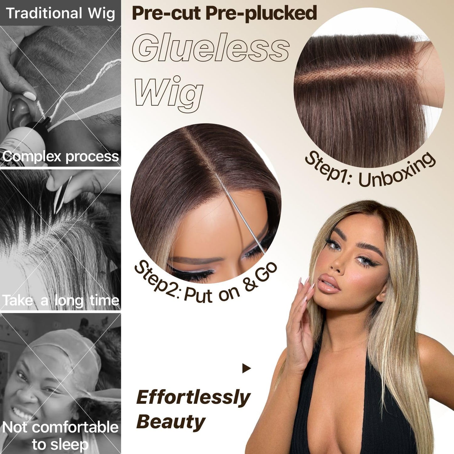 BrownBomb Ombre Blonde Wear and Go Glueless Wigs Pre Plucked Pre Cut for Beginners Synthetic Lace Front Wigs With Bangs Blonde Long Layered Straight Wigs 26 Inch 3 Seconds to Wear for Beginners