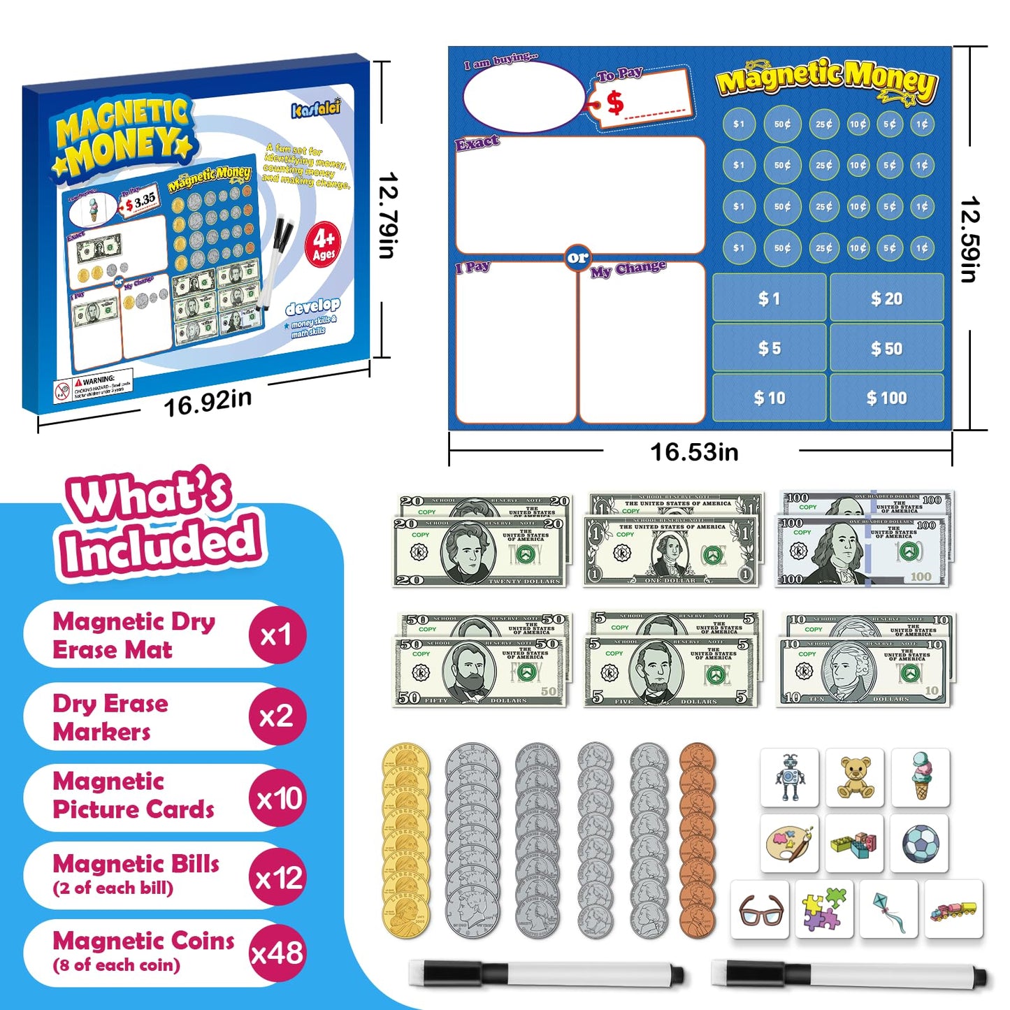 60 PCS Magnetic Money for Kids for Learning, Math Manipulatives, Learning & Education Toys for Classroom, Pretend Play, Math Games for Toddler, Teacher and Homeschool Supplies