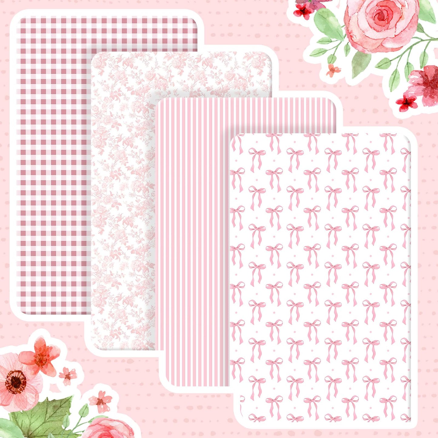 Peryiter 4 Pack Crib Sheets Girl Soft Baby Bed Sheet Set 52'' x 28" Nursery Crib Sheets for Standard Bed for Nursery Decor Baby Boys or Girls(Pink,Coquette Bow)