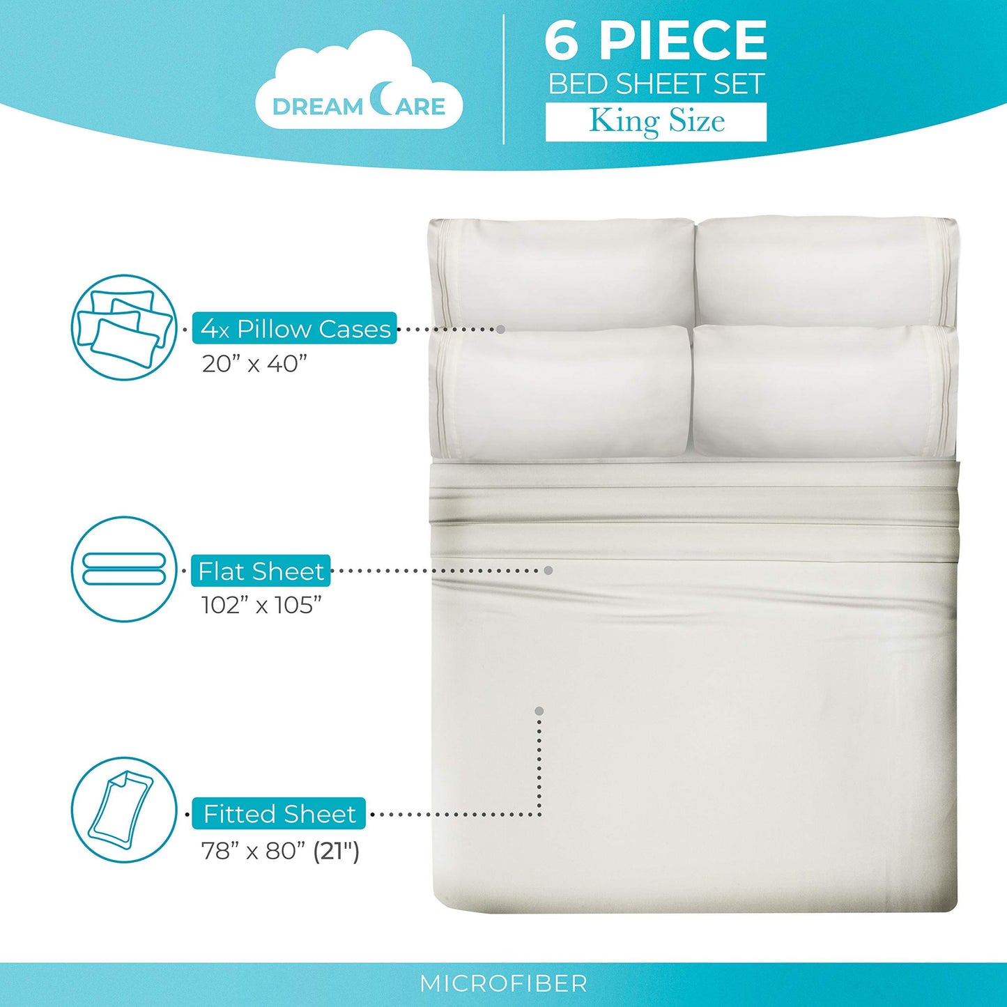 DREAMCARE King Size Sheets Set – 6 pcs Cooling Bed Sheets – up to 21” Deep Pocket King Sheet Set – 2500 Supreme Collection – Extra Soft 100% Brushed Microfiber Hotel Luxury with Side Pocket – Ivory